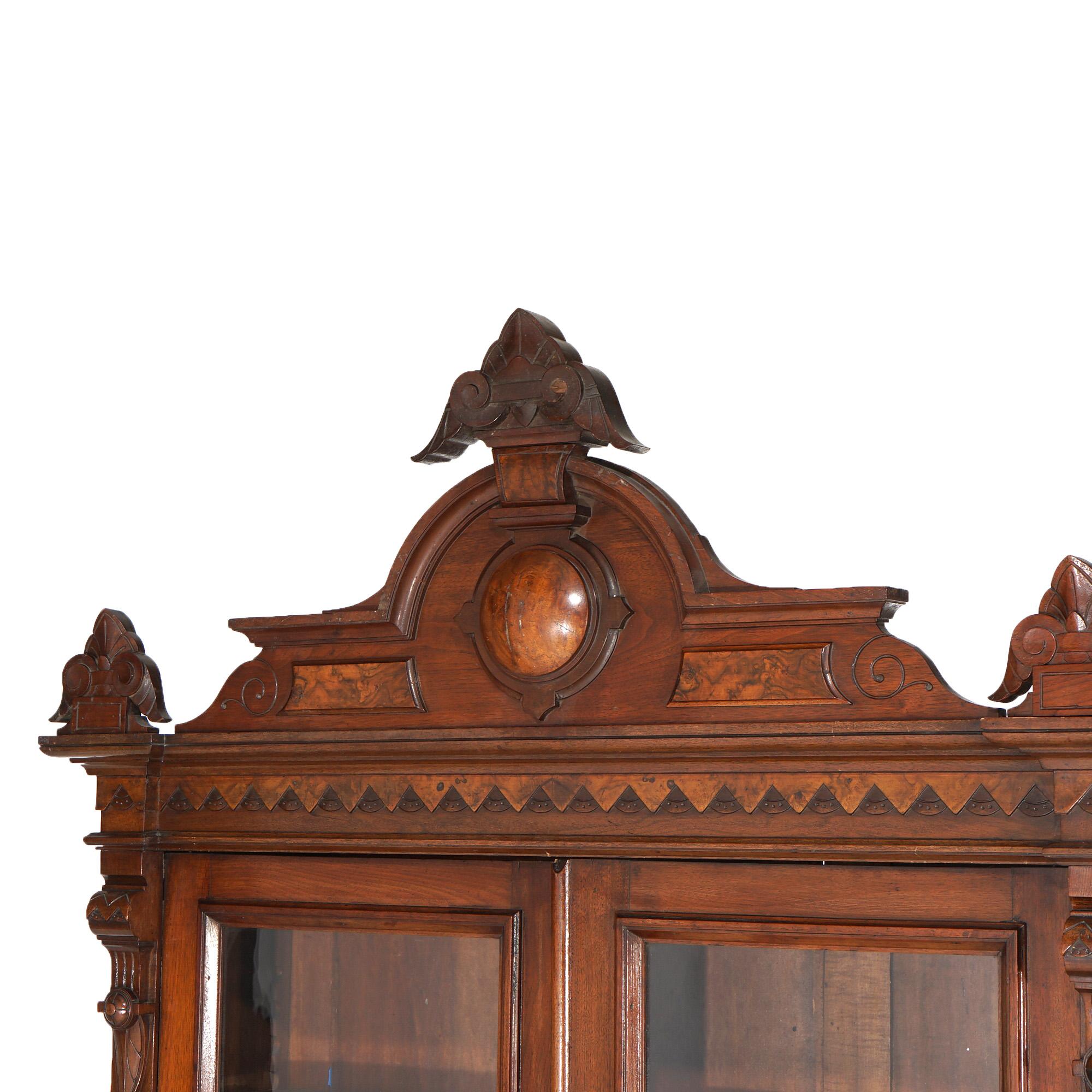 Antique Renaissance Revival Carved Walnut & Burl Enclosed Bookcase Circa 1880 In Good Condition In Big Flats, NY