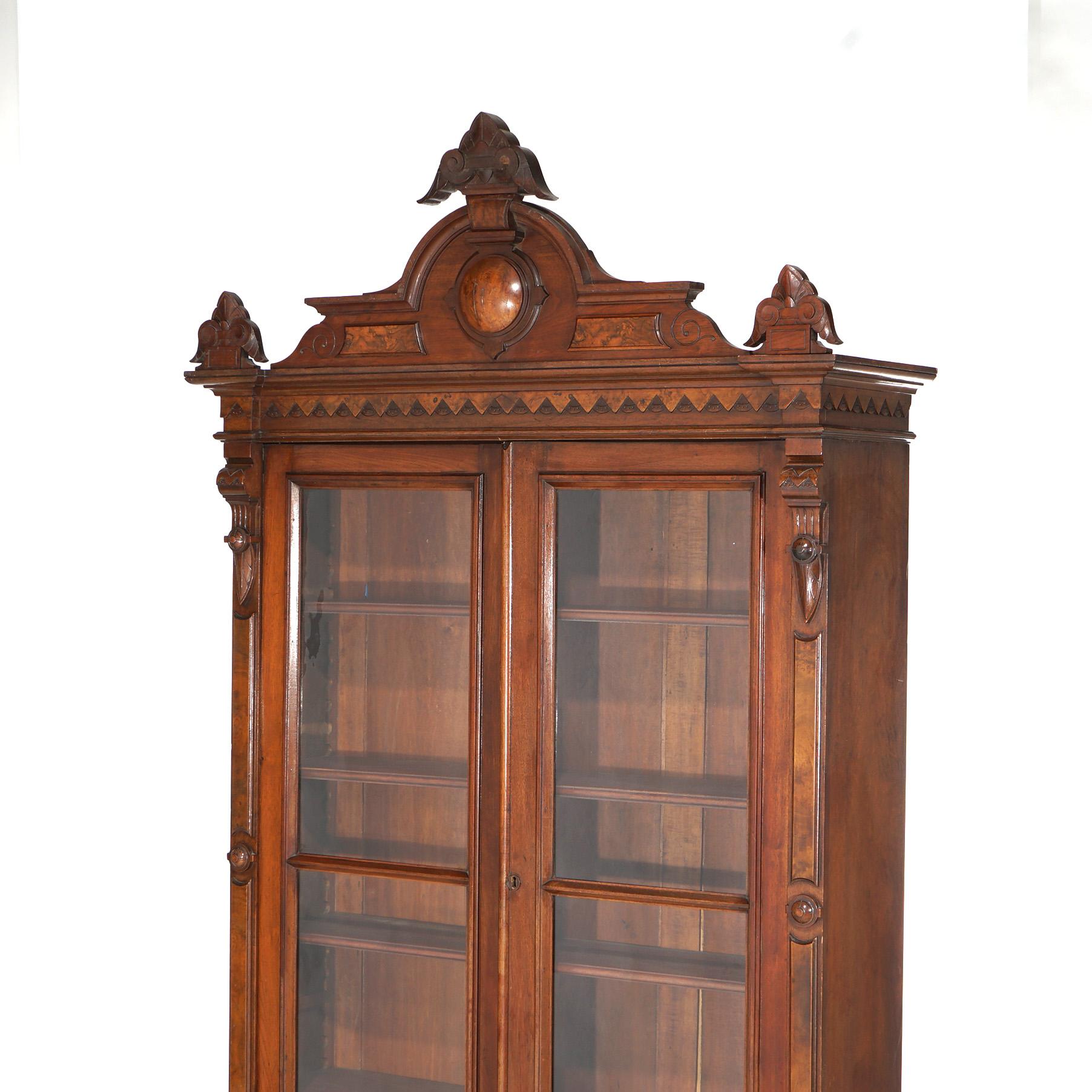 19th Century Antique Renaissance Revival Carved Walnut & Burl Enclosed Bookcase Circa 1880