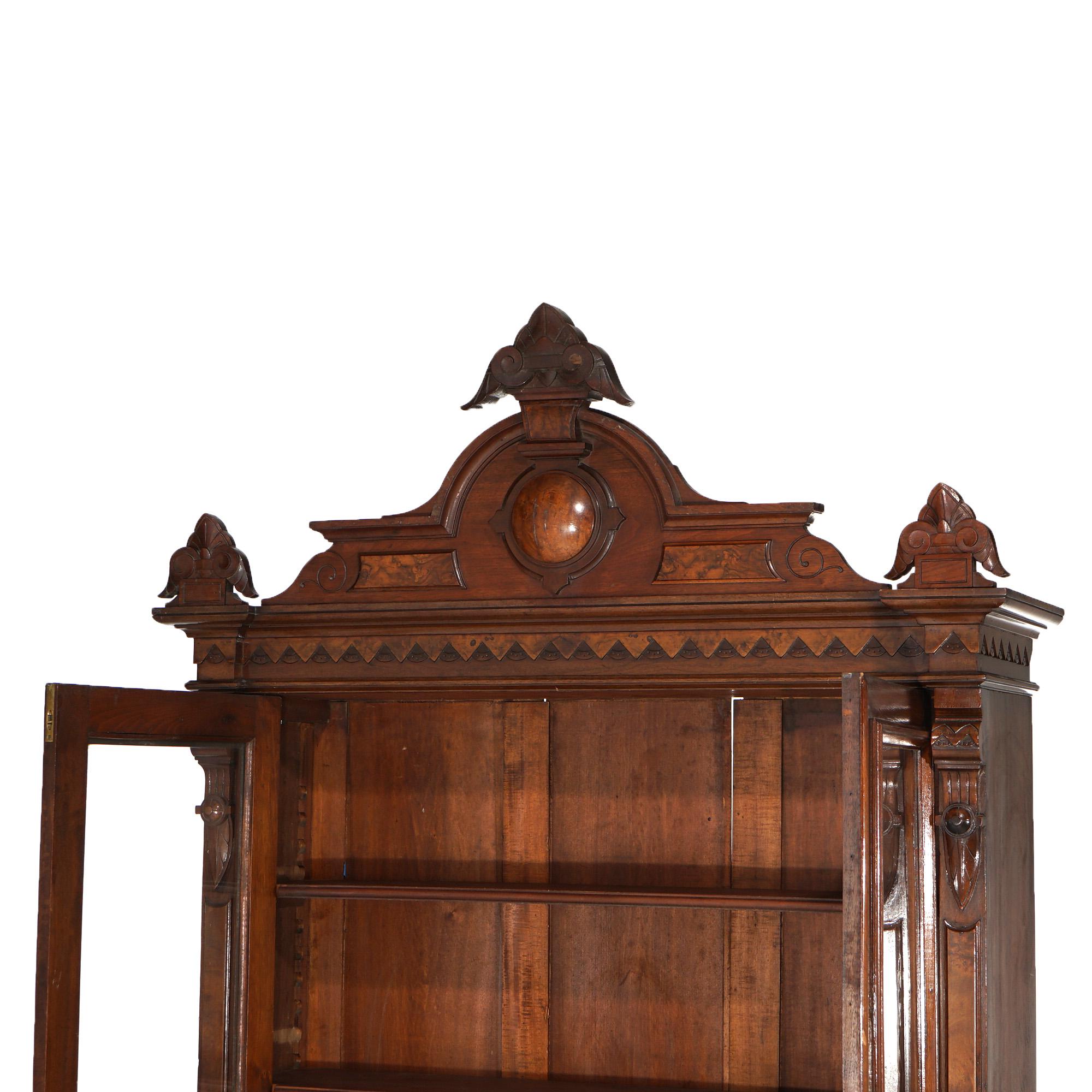 Antique Renaissance Revival Carved Walnut & Burl Enclosed Bookcase Circa 1880 2