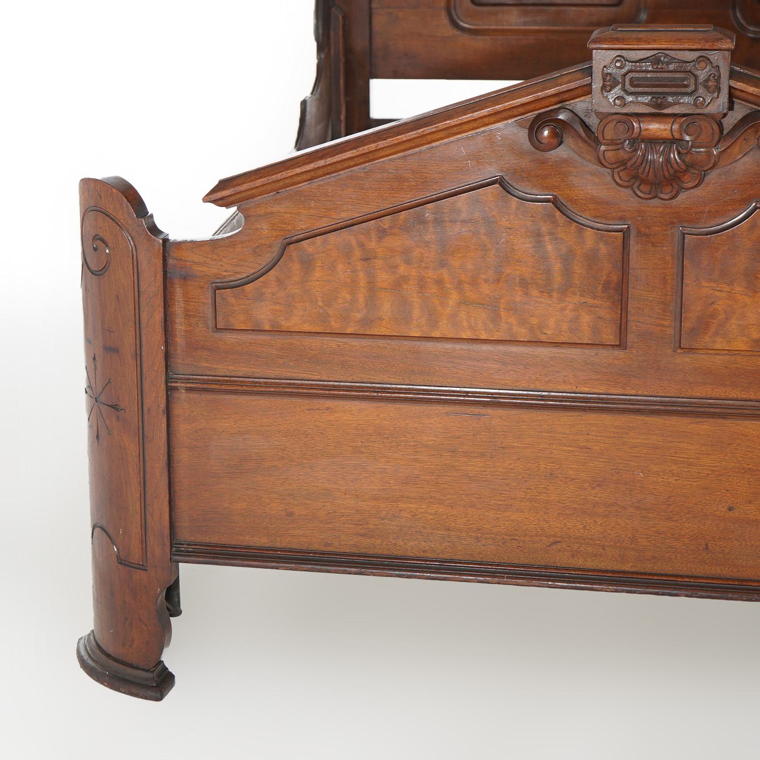 Antique Renaissance Revival Carved Walnut & Burl Full Size Bed 19th C 3