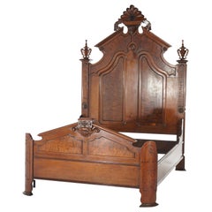 Antique Renaissance Revival Carved Walnut & Burl Full Size Bed 19th C