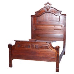 Antique Renaissance Revival Carved Walnut & Burl High Top Bed Circa 1890