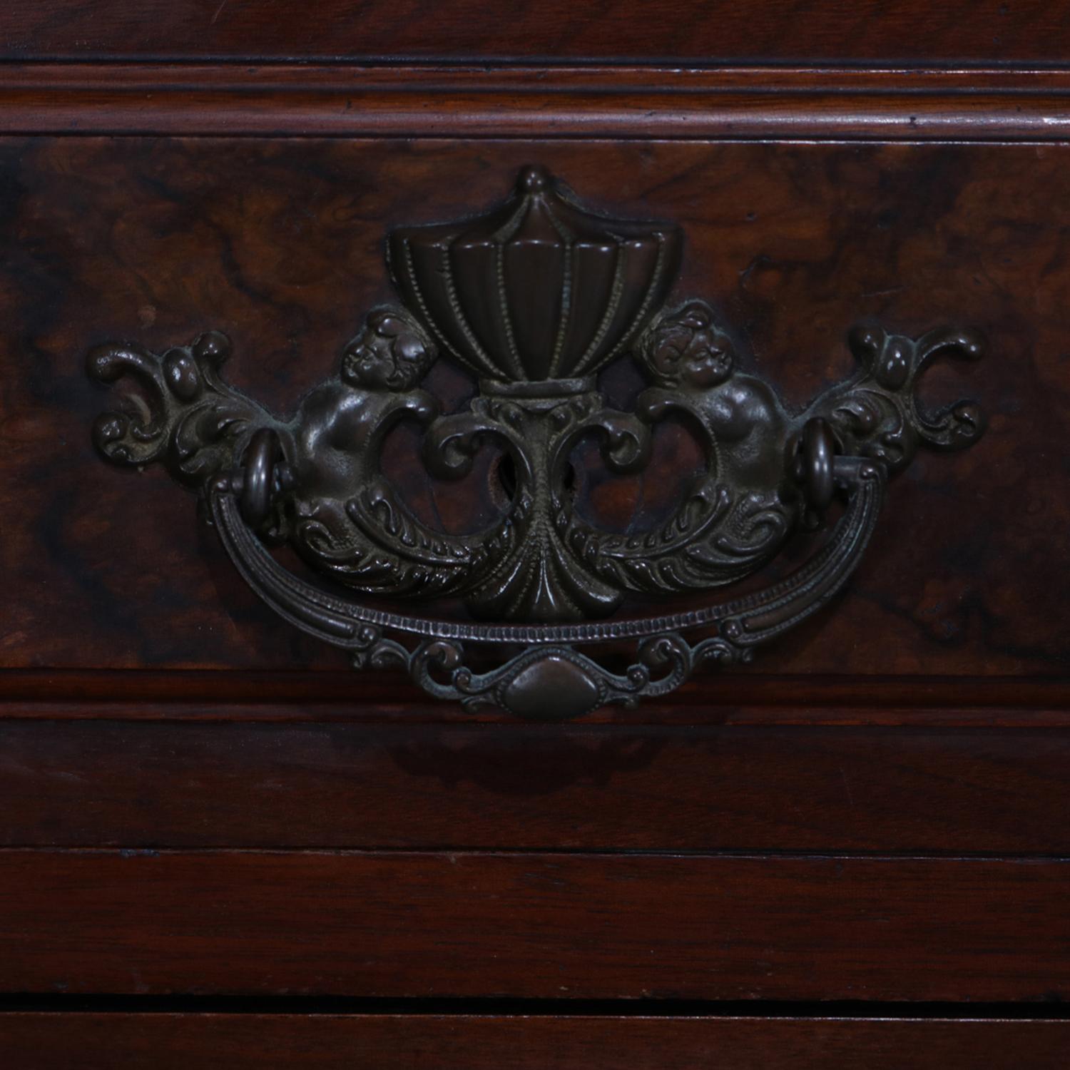 19th Century Antique Renaissance Revival Carved Walnut, Burl and Marble Mirrored Dresser