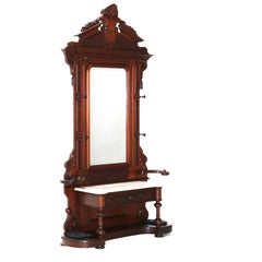 Antike Renaissance Revival geschnitzt Nussbaum & Burl Marmor oben Halle Spiegel c1880