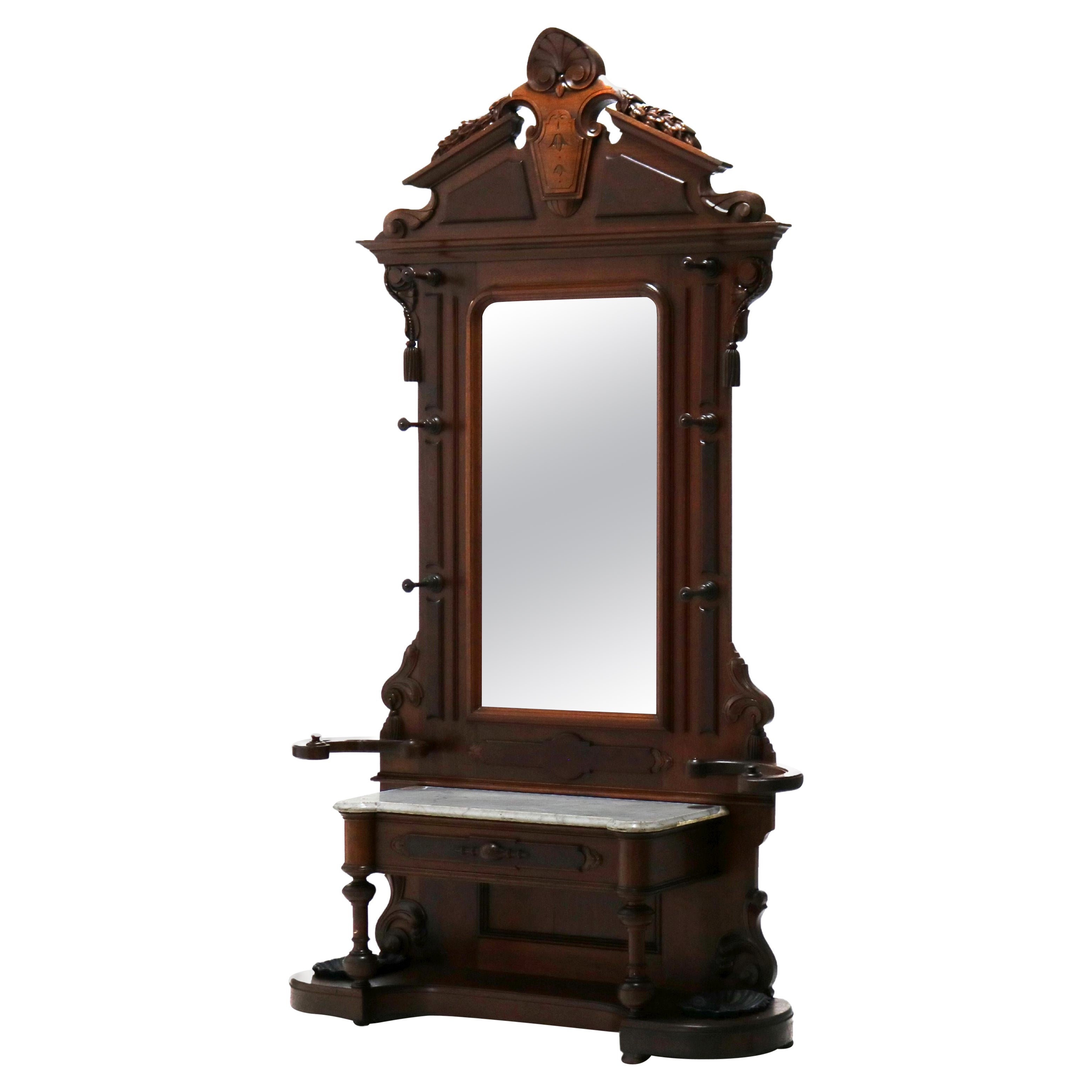 Antique Renaissance Revival Carved Walnut 
Burl Marble Top Hall Mirror c1880