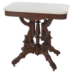 Antique Renaissance Revival Carved Walnut, Burl & Marble Top Parlor Table c1890