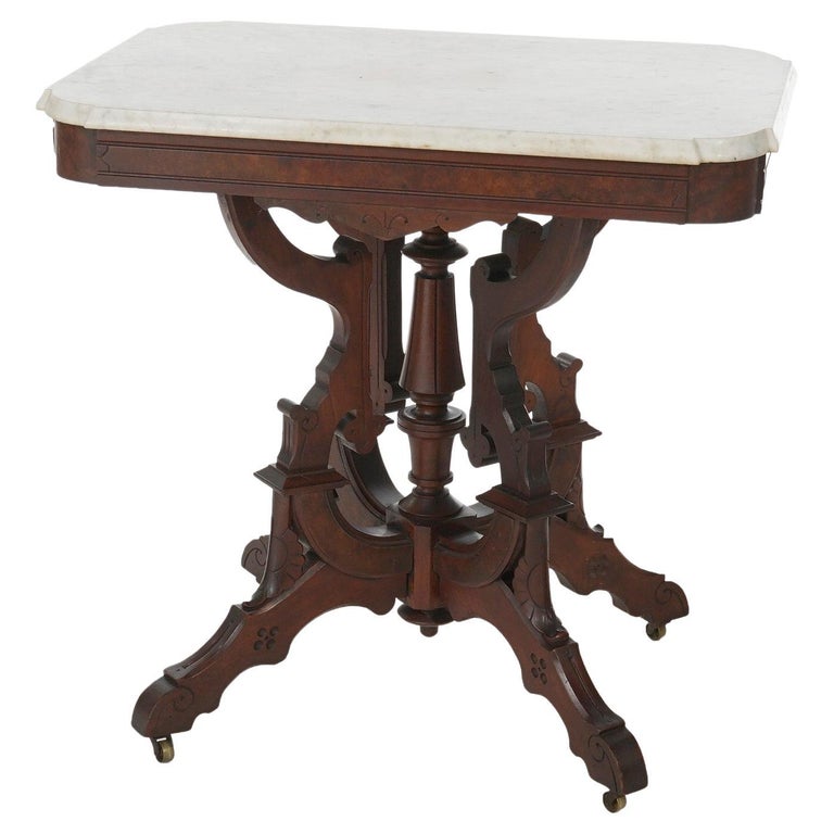 Antique Renaissance Revival Carved Walnut, Burl and Marble Top Parlor