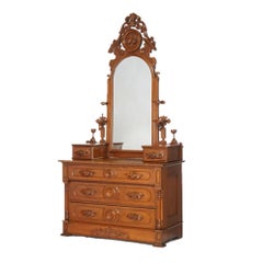 Antique Renaissance Revival Carved Walnut Dresser with Mirror circa 1880