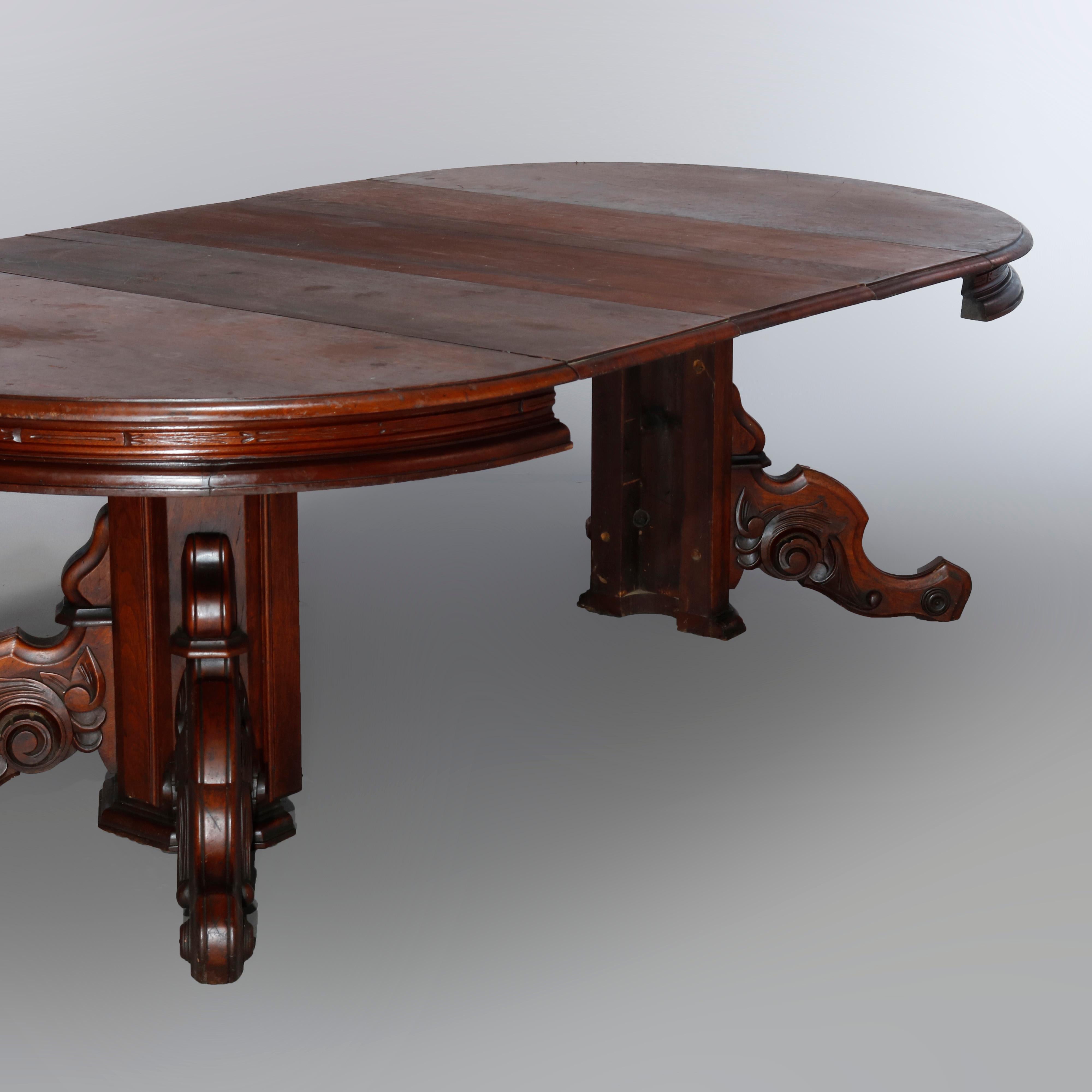 Antique Renaissance Revival Carved Walnut Extension Dining Table & Leaves, c1880 4