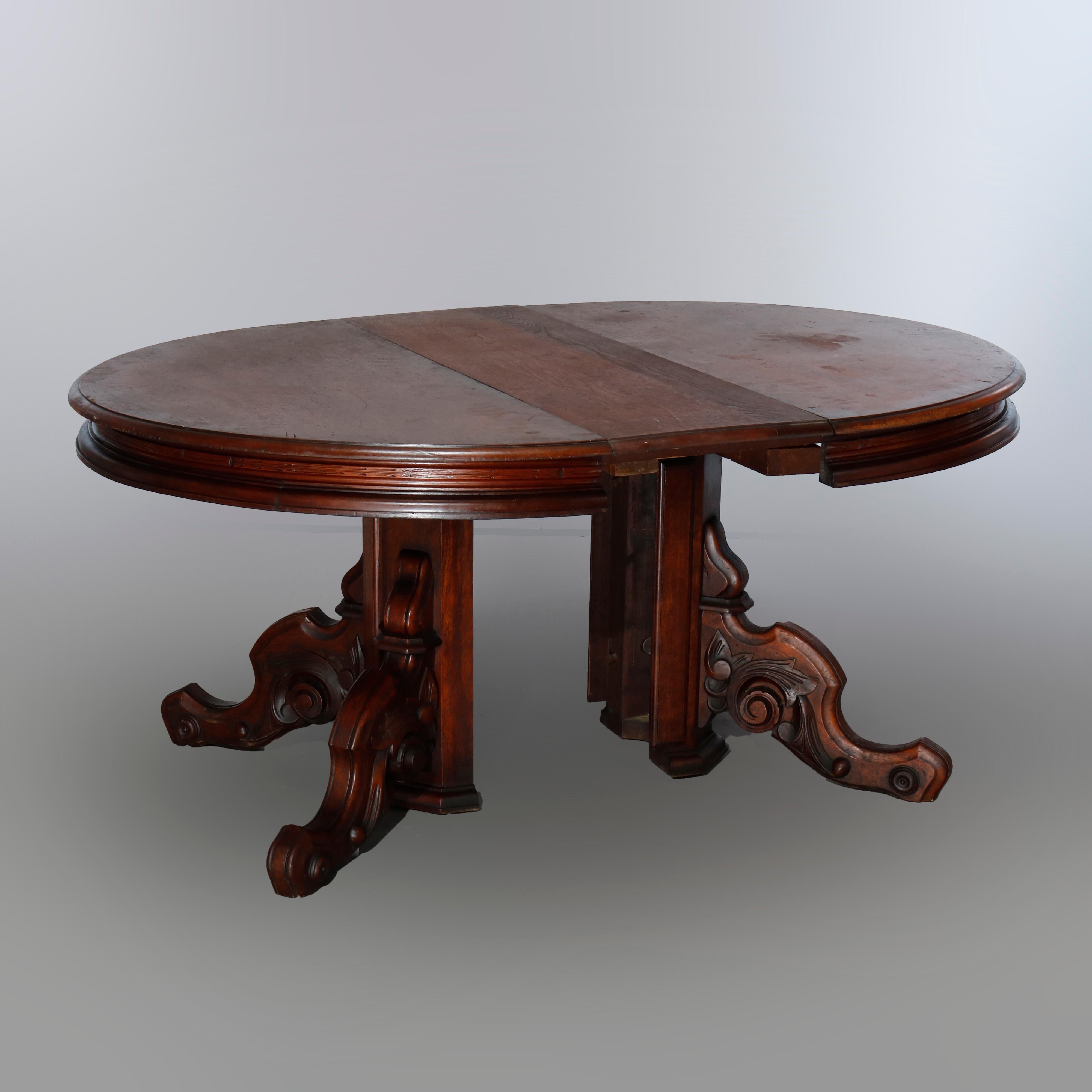 American Antique Renaissance Revival Carved Walnut Extension Dining Table & Leaves, c1880