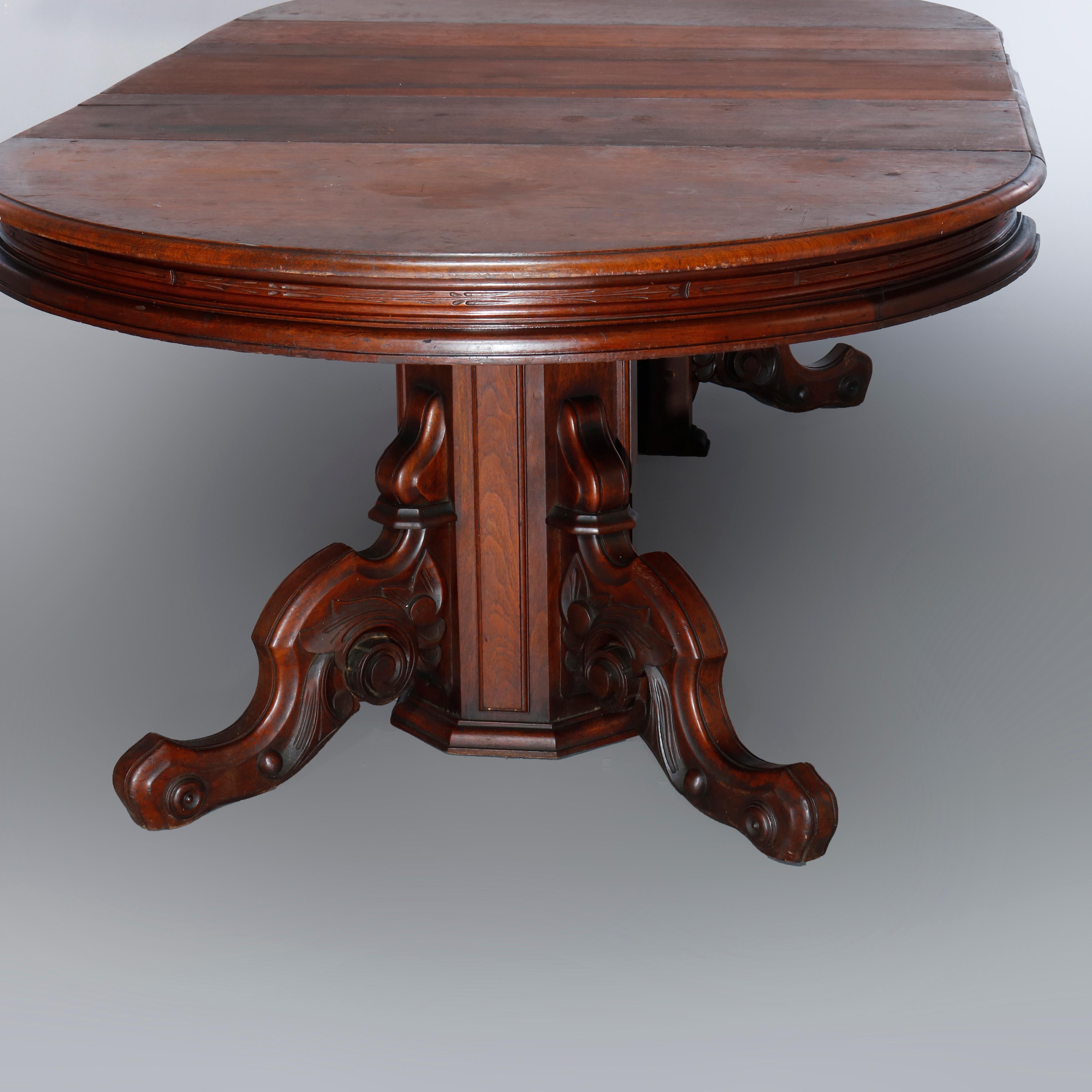 19th Century Antique Renaissance Revival Carved Walnut Extension Dining Table & Leaves, c1880