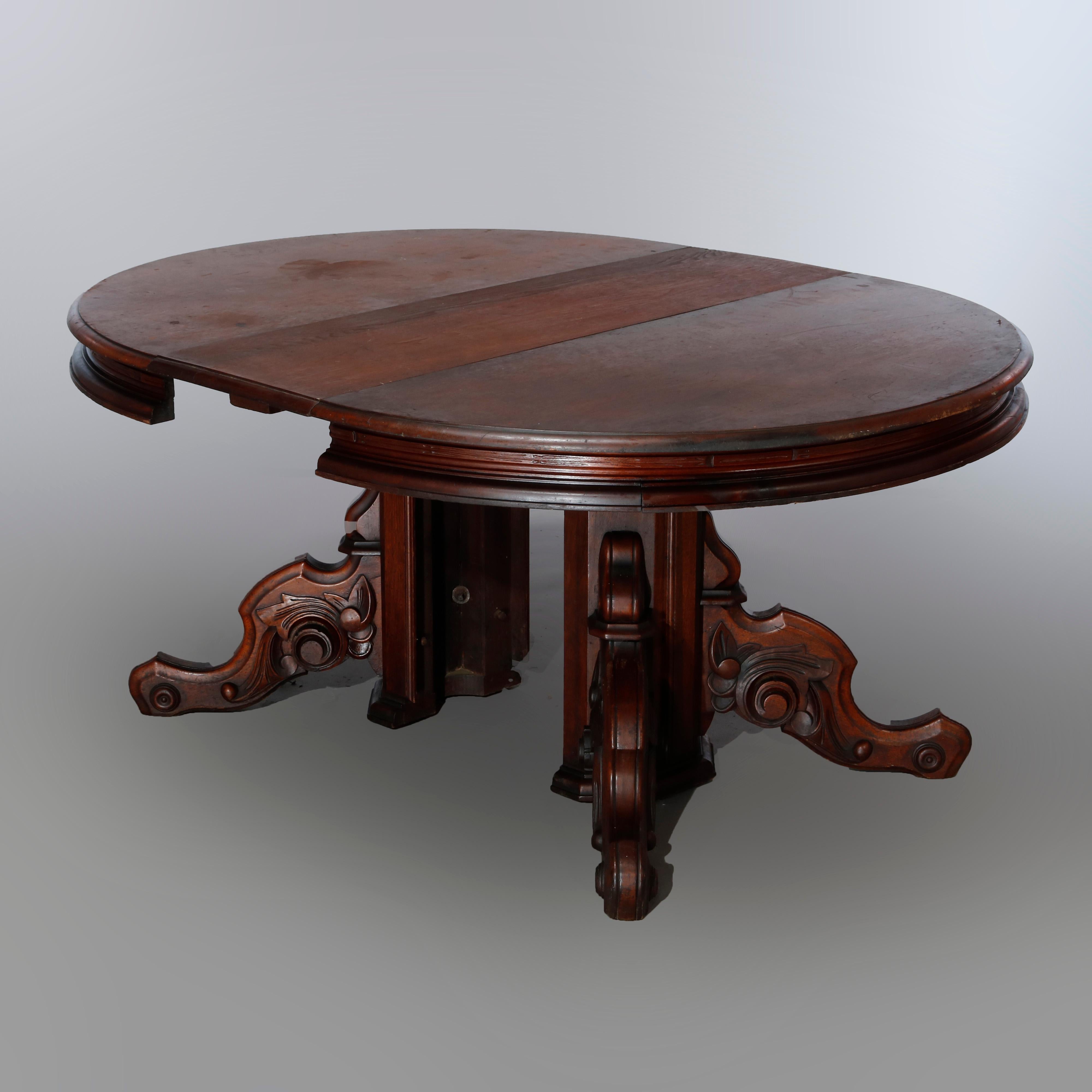 Wood Antique Renaissance Revival Carved Walnut Extension Dining Table & Leaves, c1880
