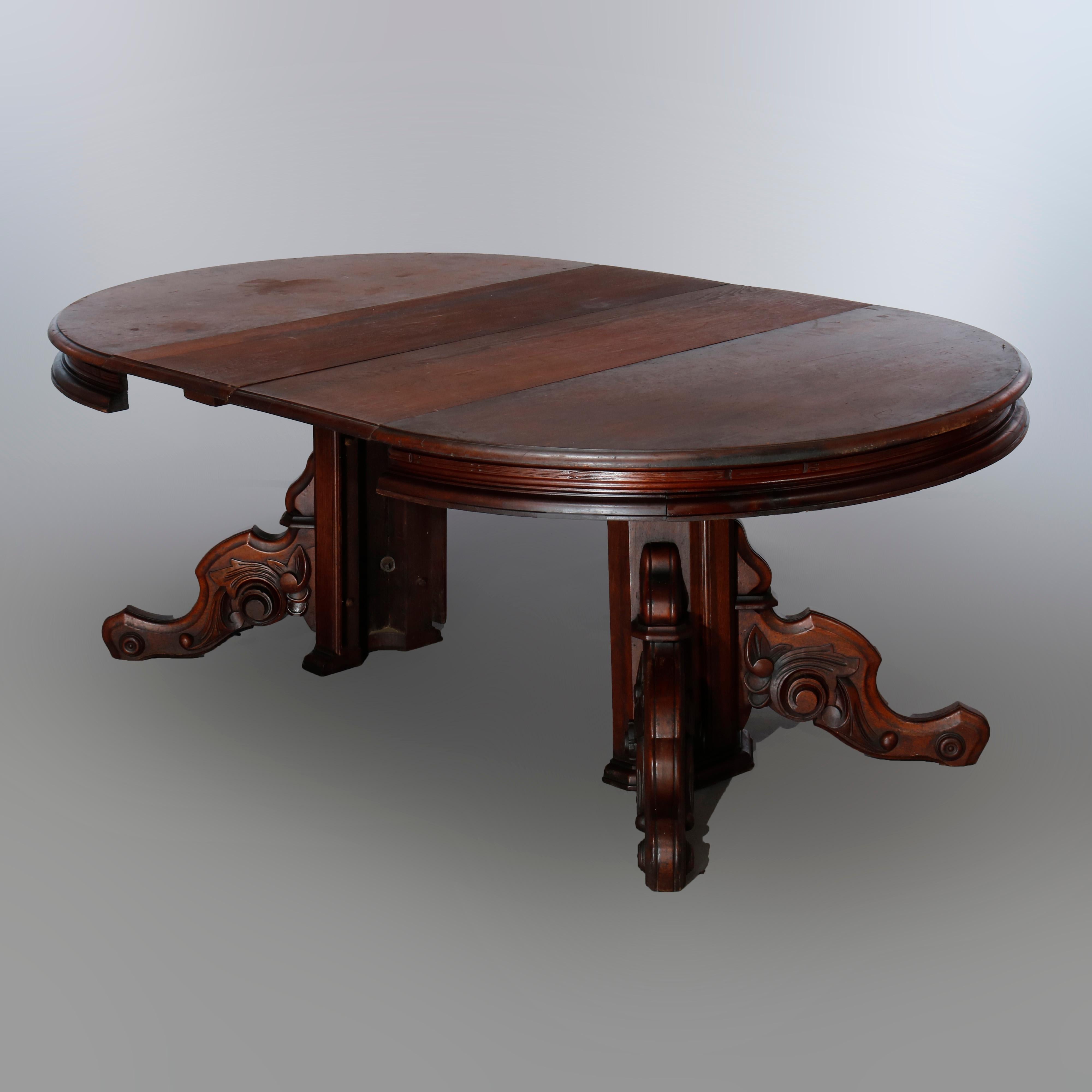 Antique Renaissance Revival Carved Walnut Extension Dining Table & Leaves, c1880 1