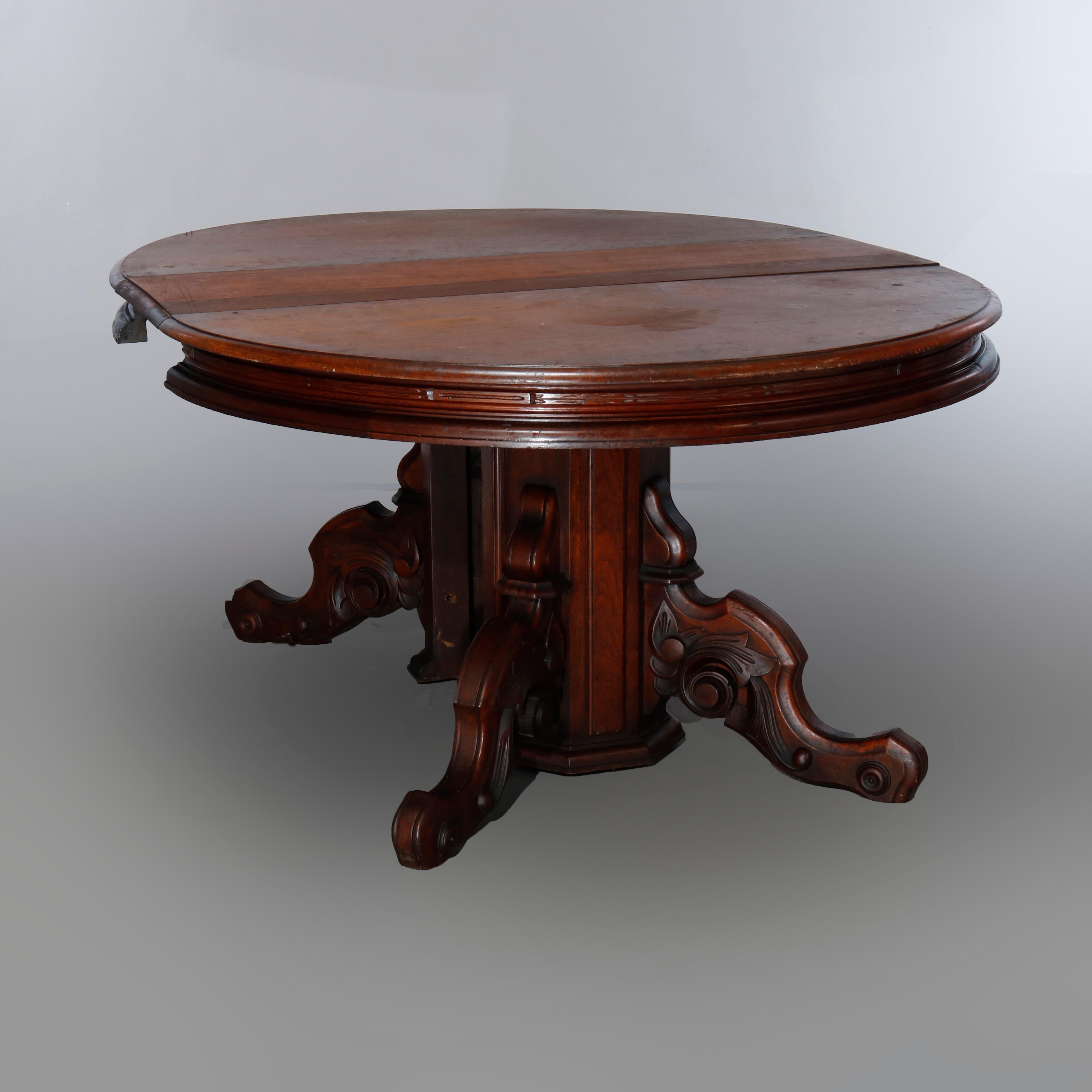 Antique Renaissance Revival Carved Walnut Extension Dining Table & Leaves, c1880 2