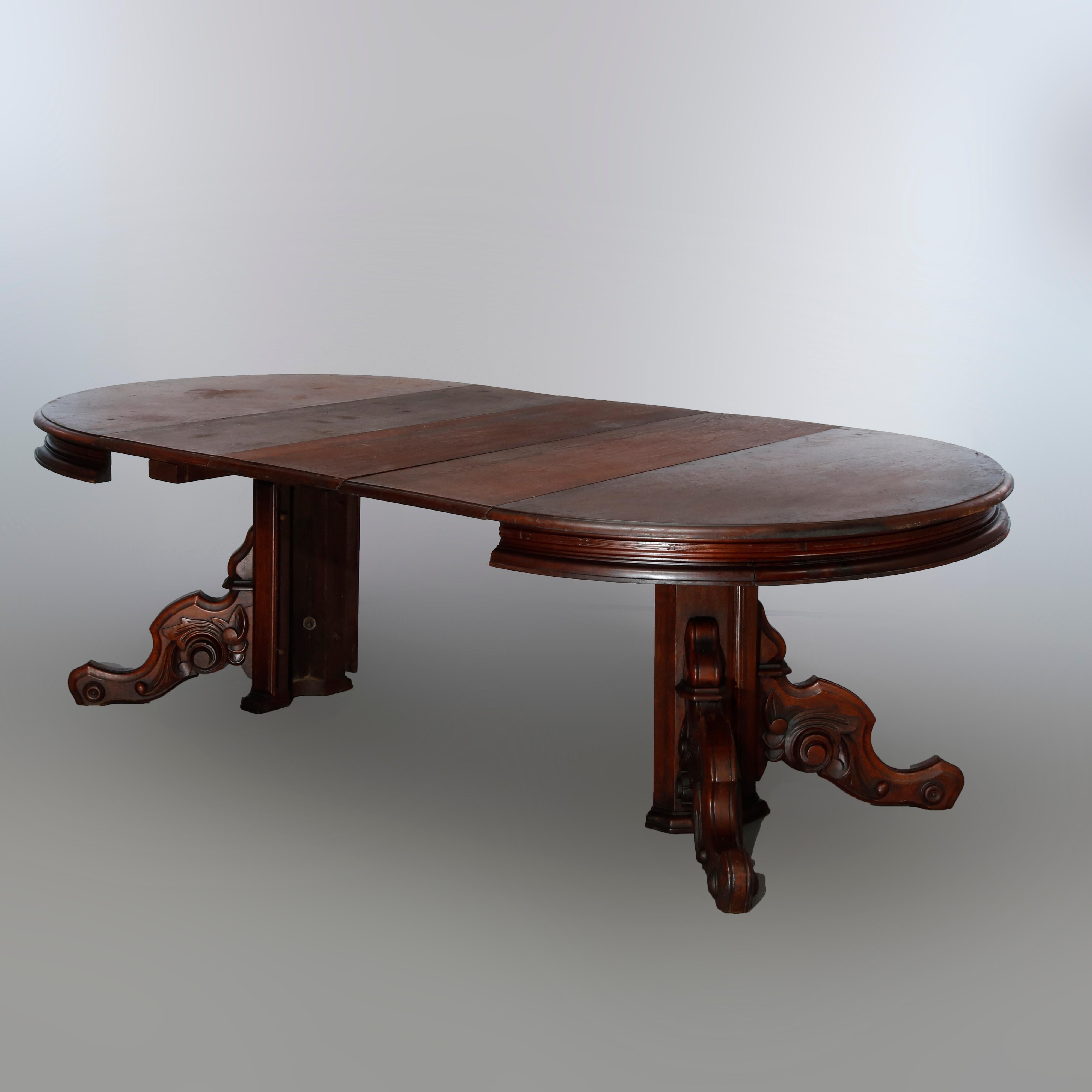 Antique Renaissance Revival Carved Walnut Extension Dining Table & Leaves, c1880 3