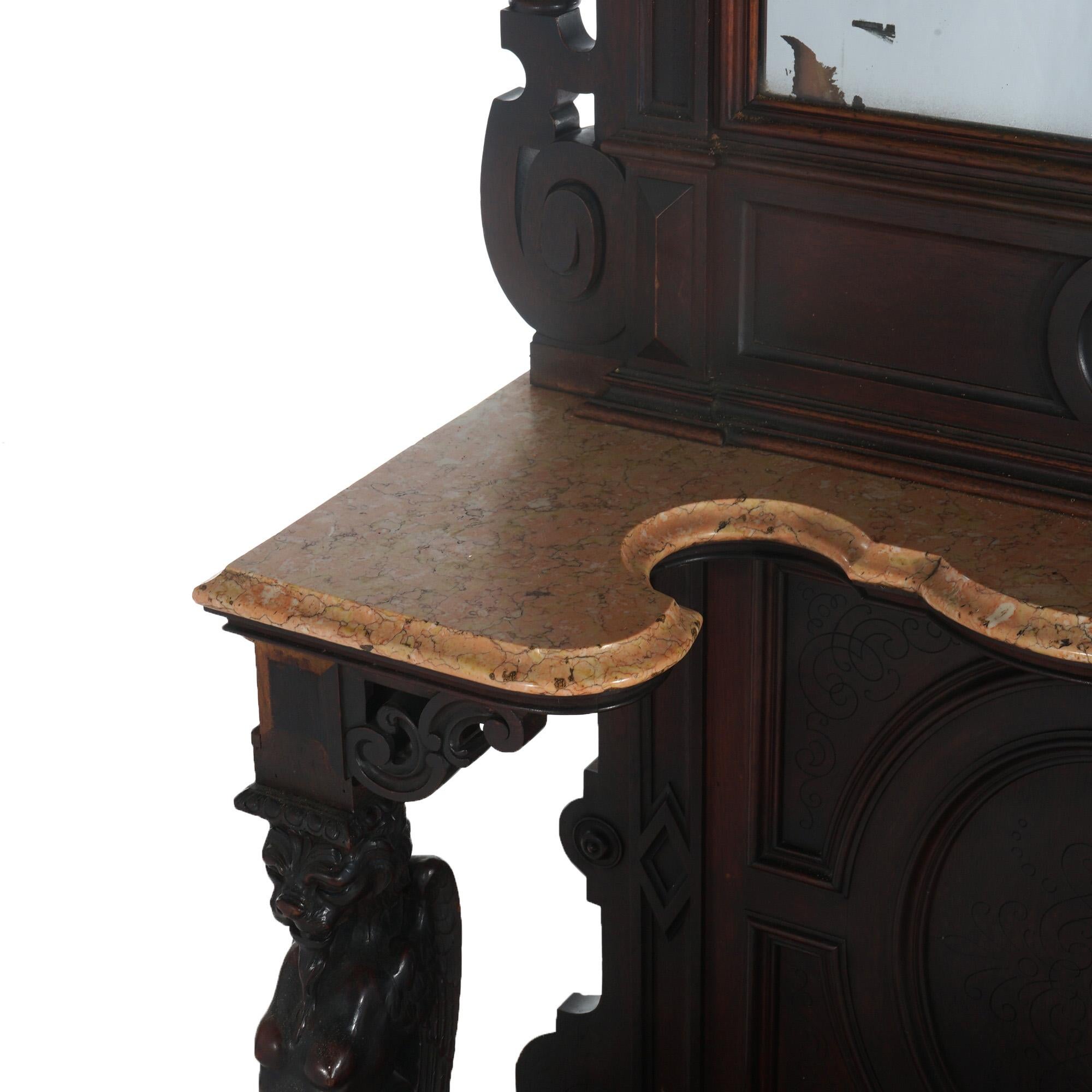Antique Revival Noyer sculpté Figural Marble Top Hall Tree c1880 en vente 8