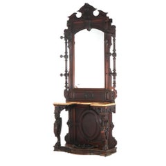 Antique Renaissance Revival Carved Walnut Figural Marble Top Hall Tree c1880