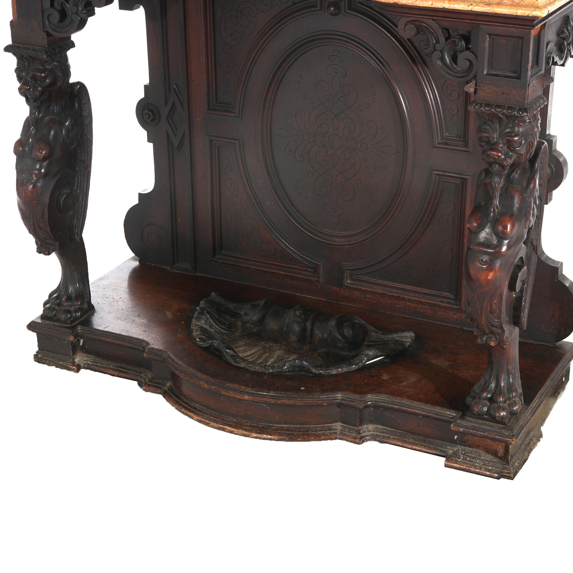 Sculpté Antique Revival Noyer sculpté Figural Marble Top Hall Tree c1880 en vente