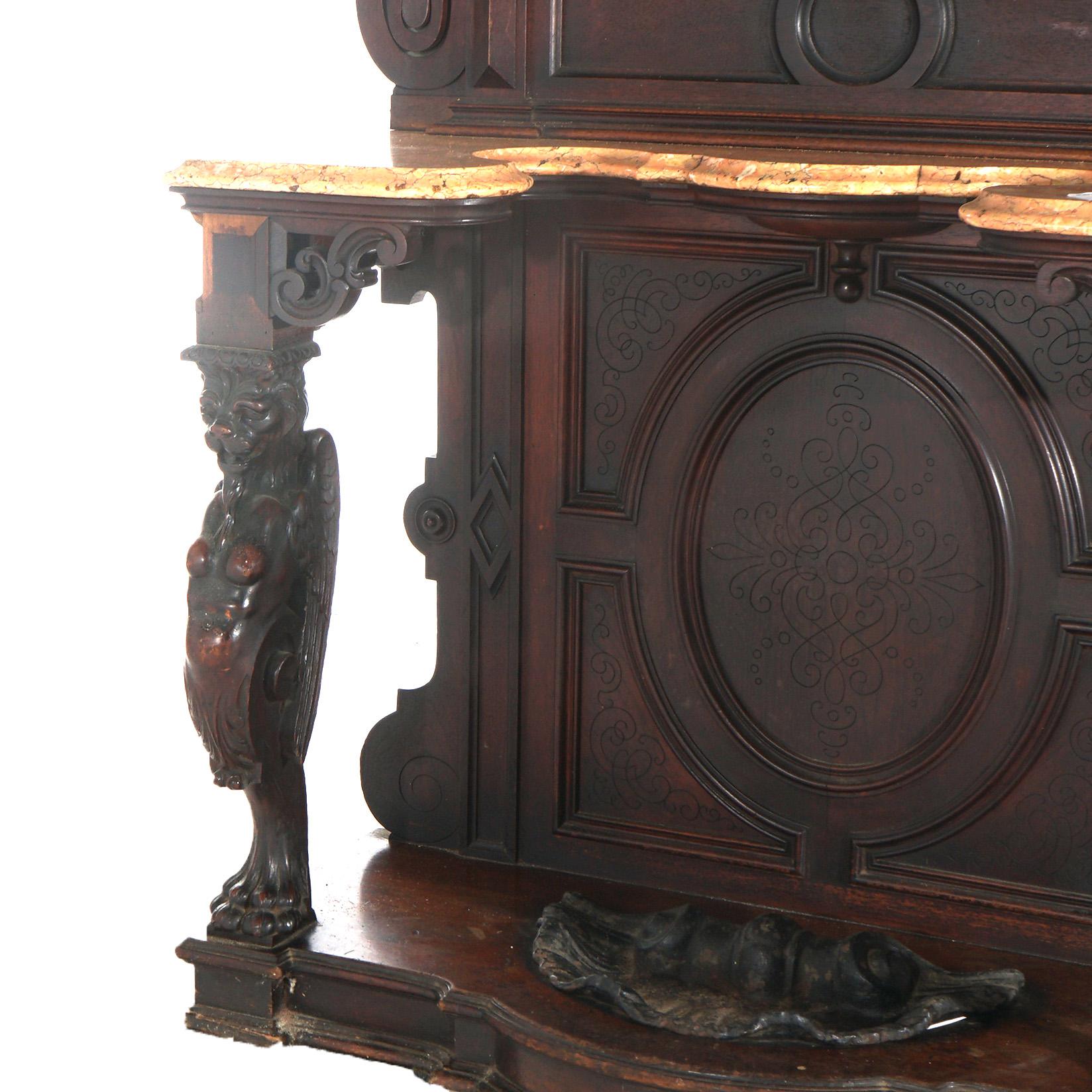 Antique Revival Noyer sculpté Figural Marble Top Hall Tree c1880 Bon état - En vente à Big Flats, NY