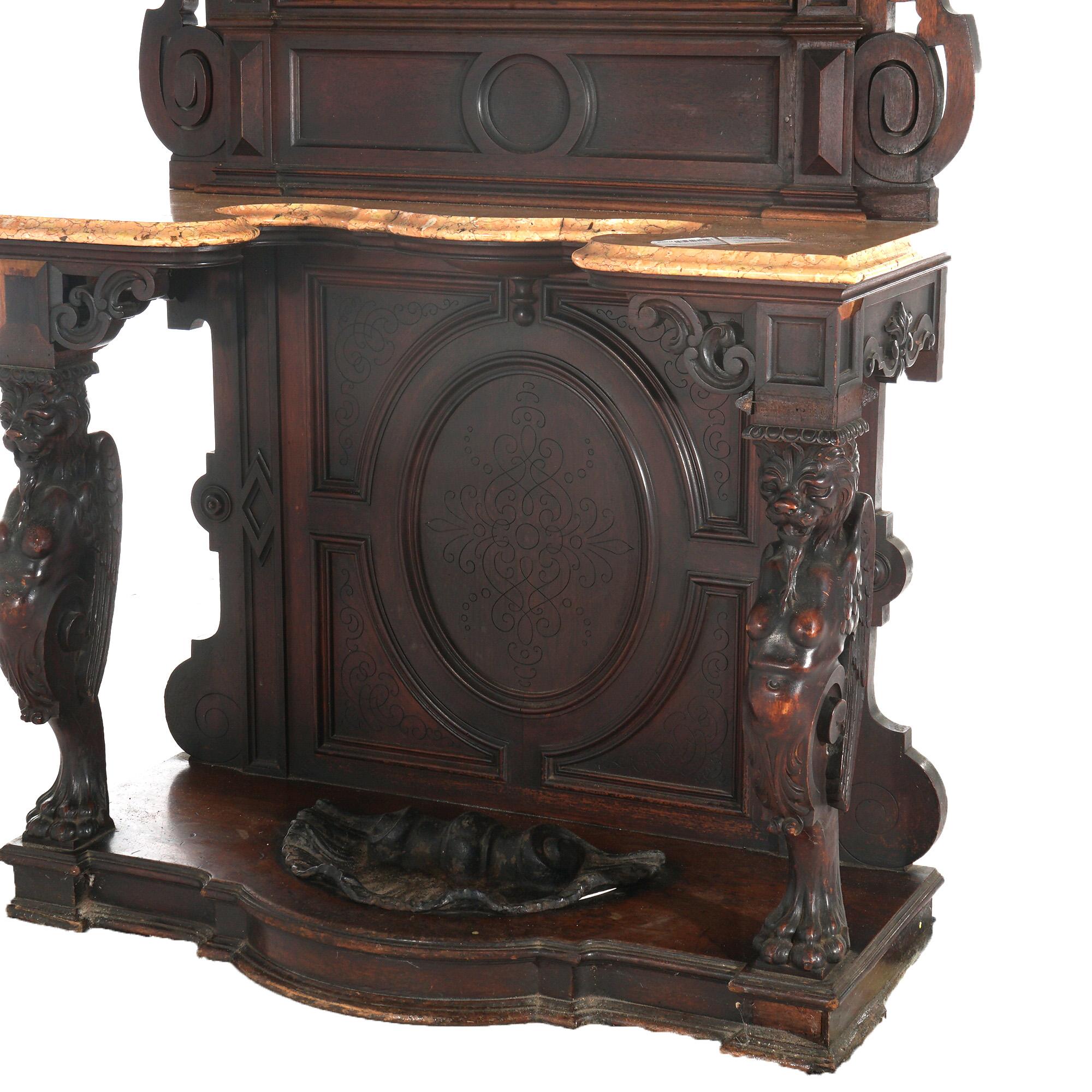XIXe siècle Antique Revival Noyer sculpté Figural Marble Top Hall Tree c1880 en vente