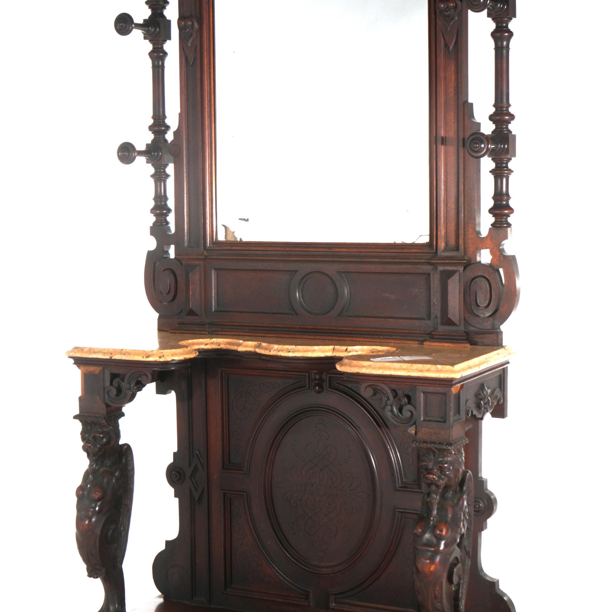 Miroir Antique Revival Noyer sculpté Figural Marble Top Hall Tree c1880 en vente