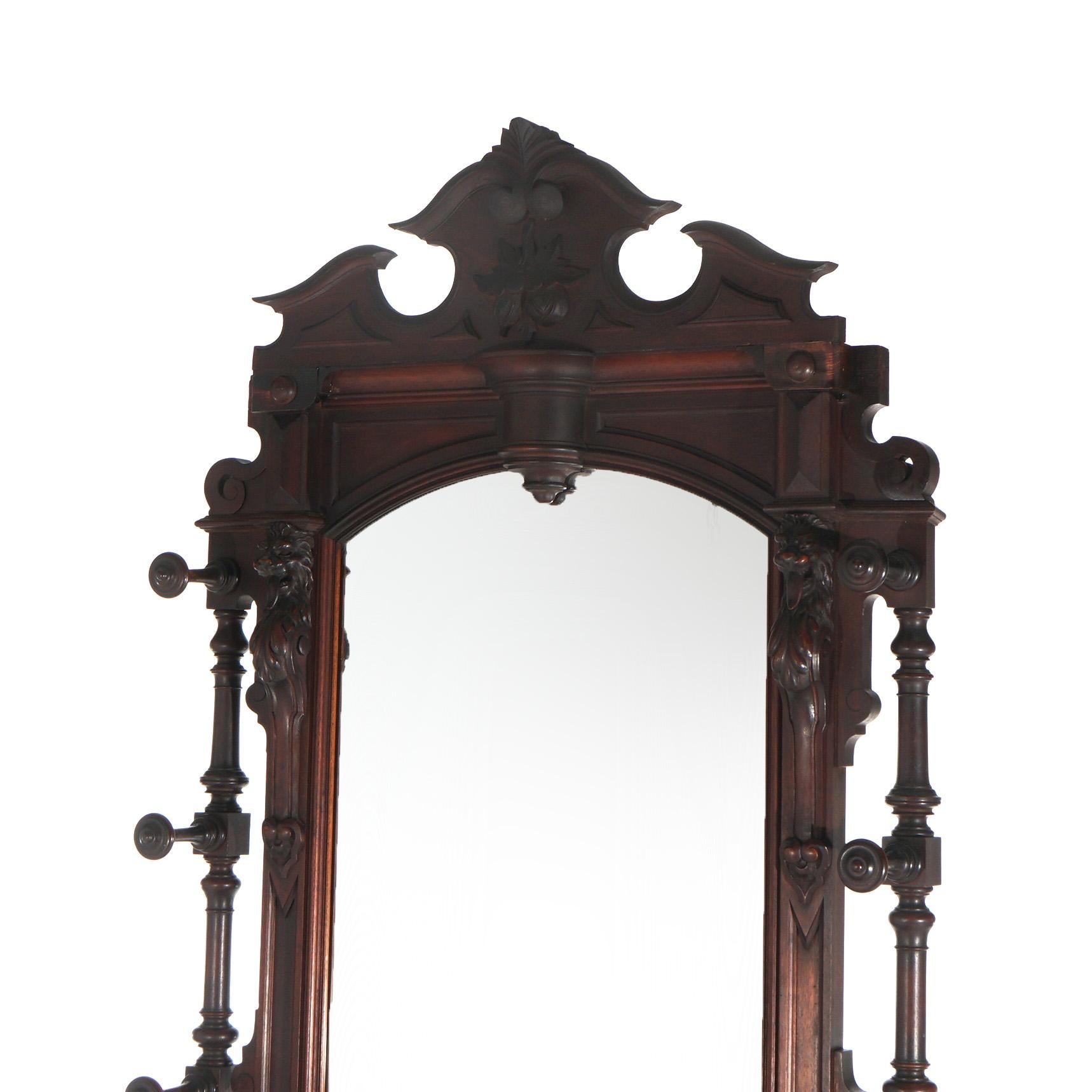 Antique Revival Noyer sculpté Figural Marble Top Hall Tree c1880 en vente 1
