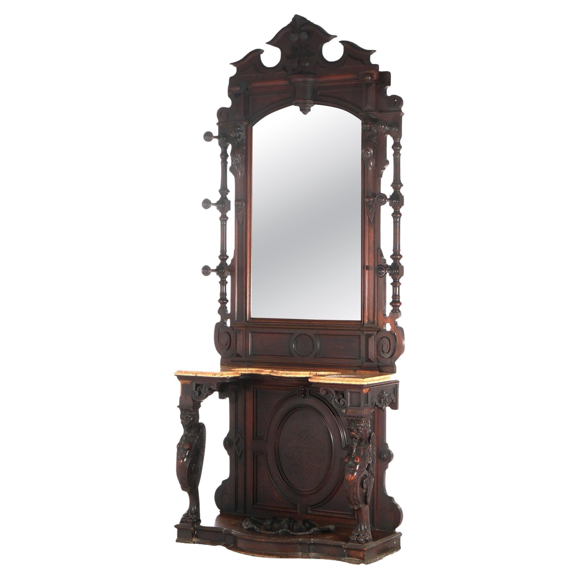 Antico albero da sala rinascimentale in legno di noce intagliato con piano in marmo, 1880 ca.