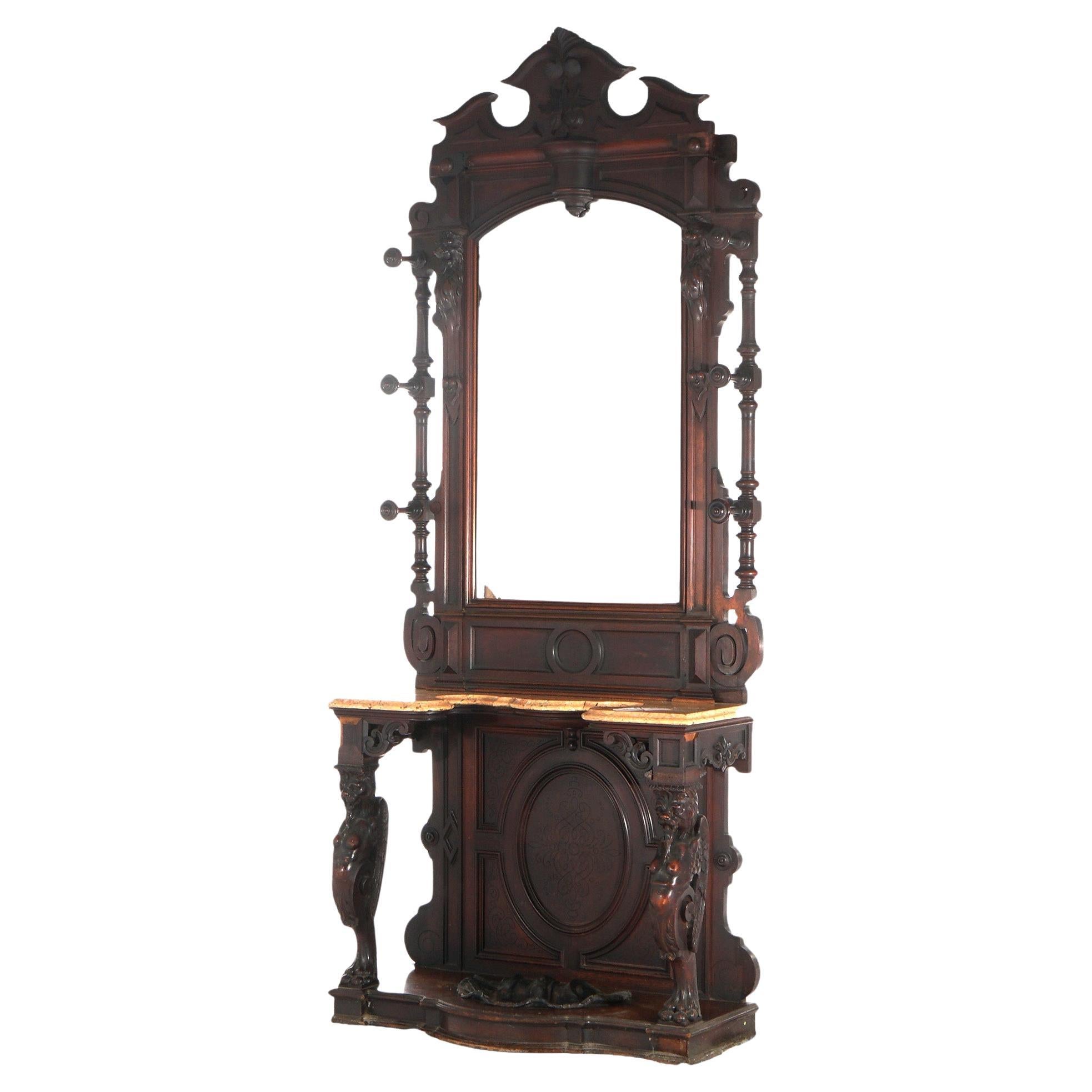 Árbol de salón antiguo de renacimiento tallado en nogal con tapa de mármol c1880