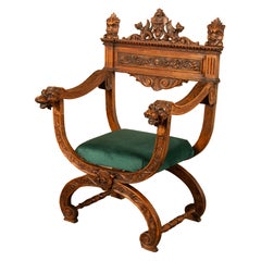 Antike Renaissance Revival geschnitzt Nussbaum Grüner Mann Savonarola Stuhl CIRCA 1890