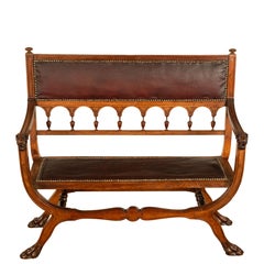 Antique Renaissance Revival Carved Walnut & Leather Hall Window Bench Italy 1880