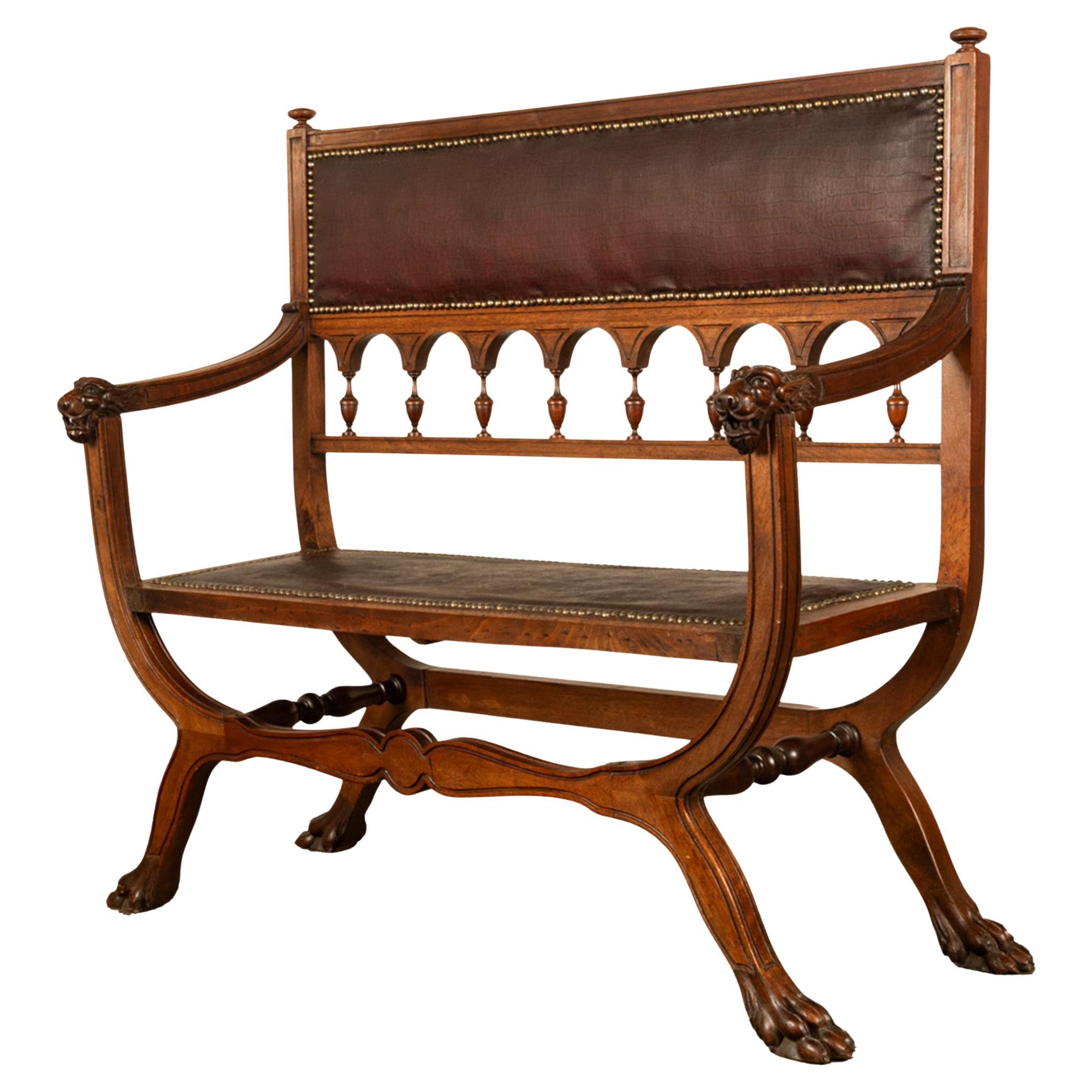 Antique Renaissance Revival Carved Walnut & Leather Hall Window Bench Italy 1880
