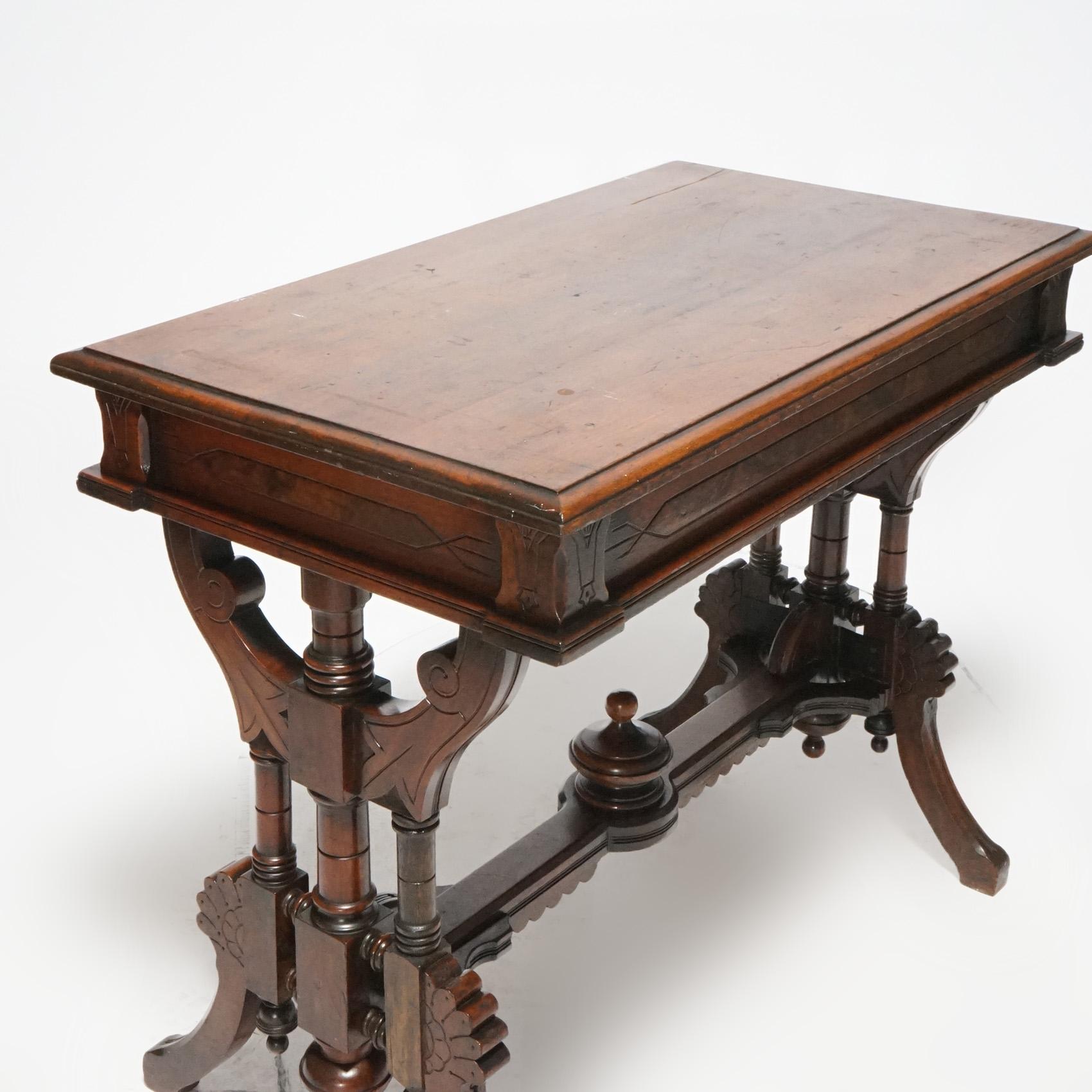 Eastlake Antique Renaissance Revival Carved Walnut Library Table, Circa 1890