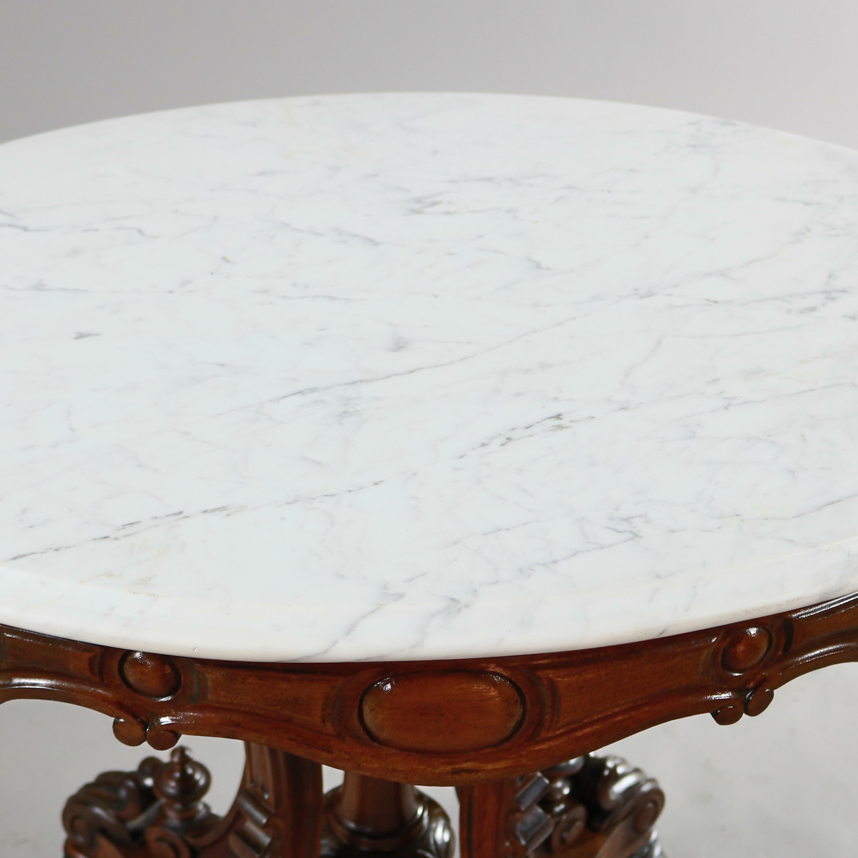 19th Century Antique Renaissance Revival Carved Walnut & Marble Center Table, circa 1880 