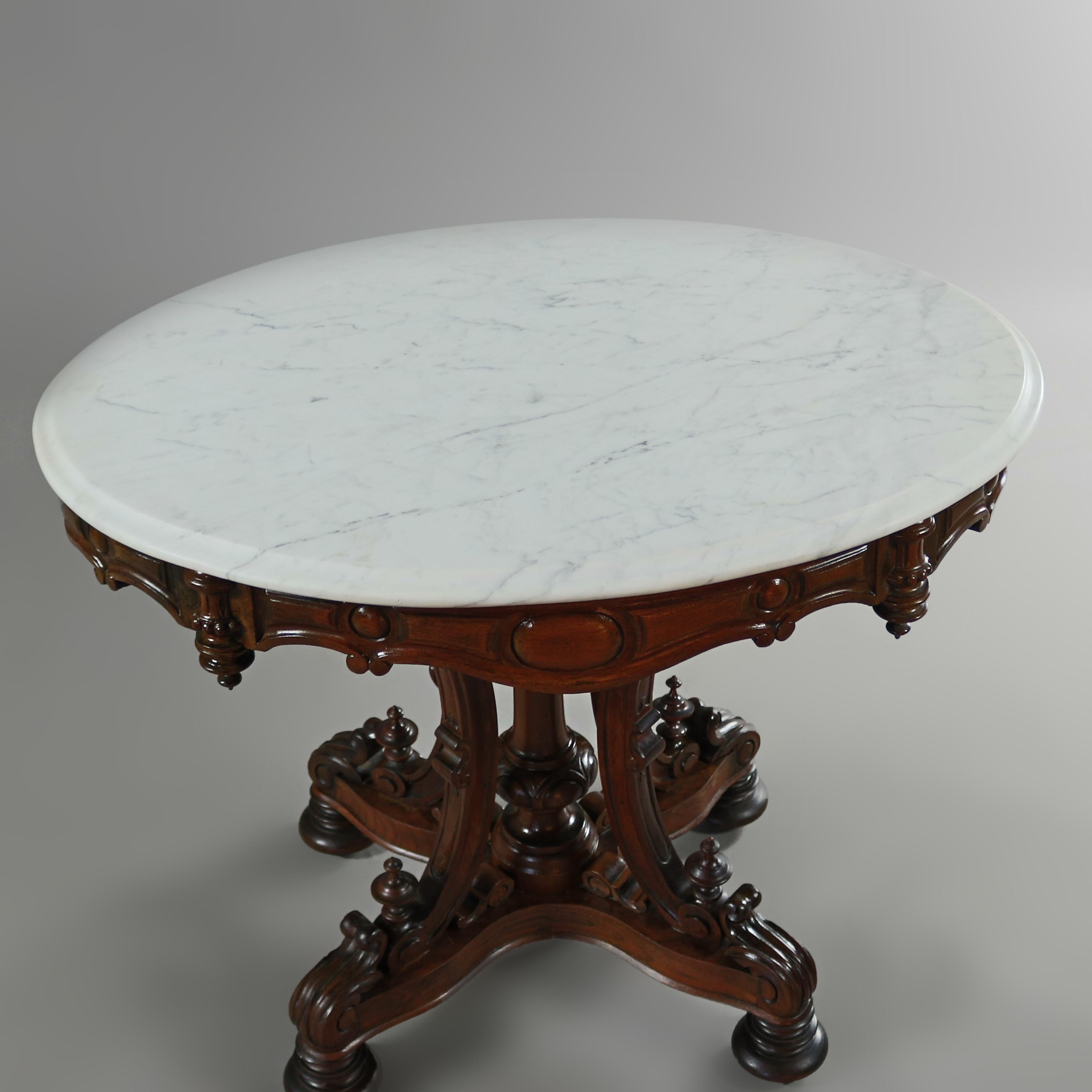 Beveled Antique Renaissance Revival Carved Walnut & Marble Center Table, circa 1880 