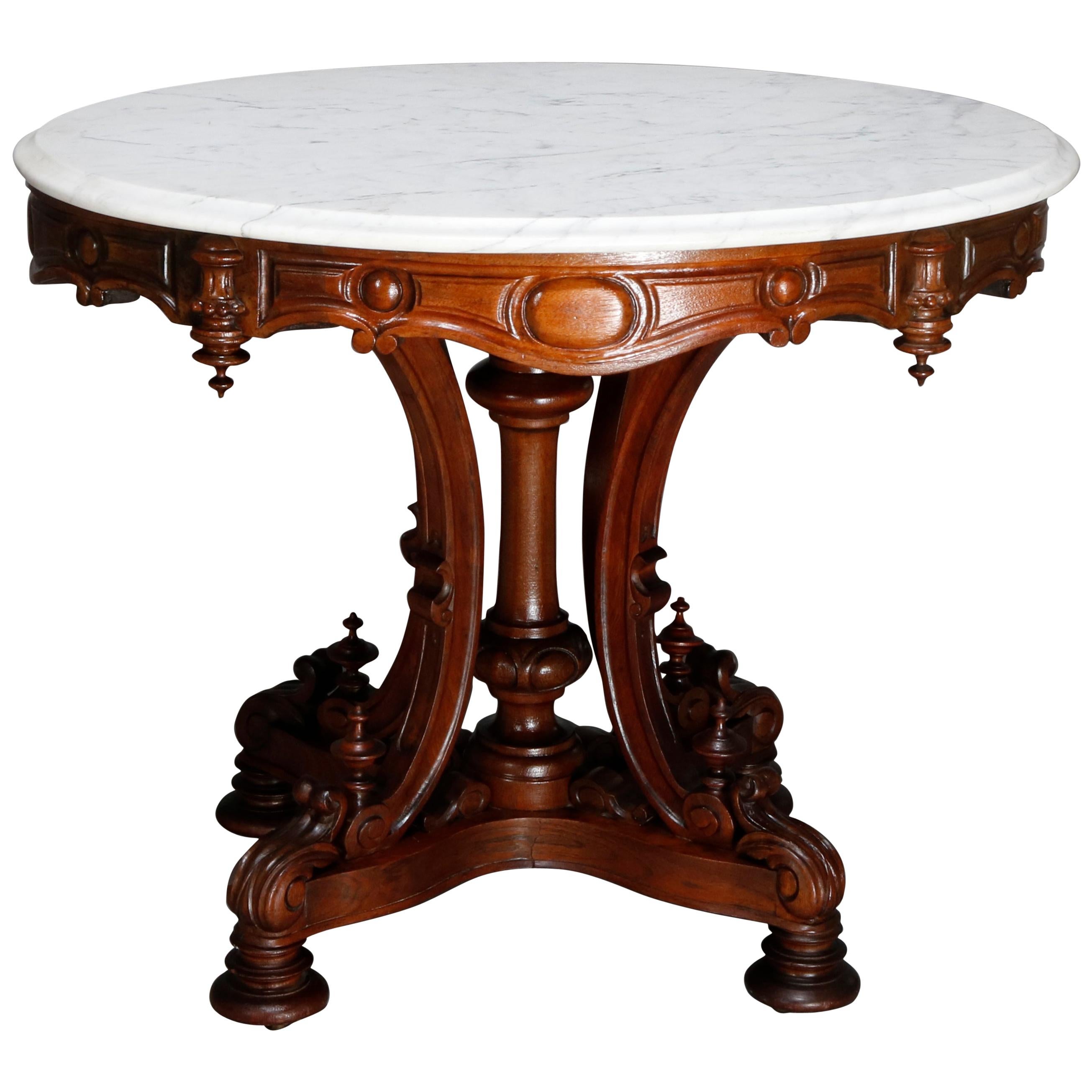 Antique Renaissance Revival Carved Walnut & Marble Center Table, circa 1880 