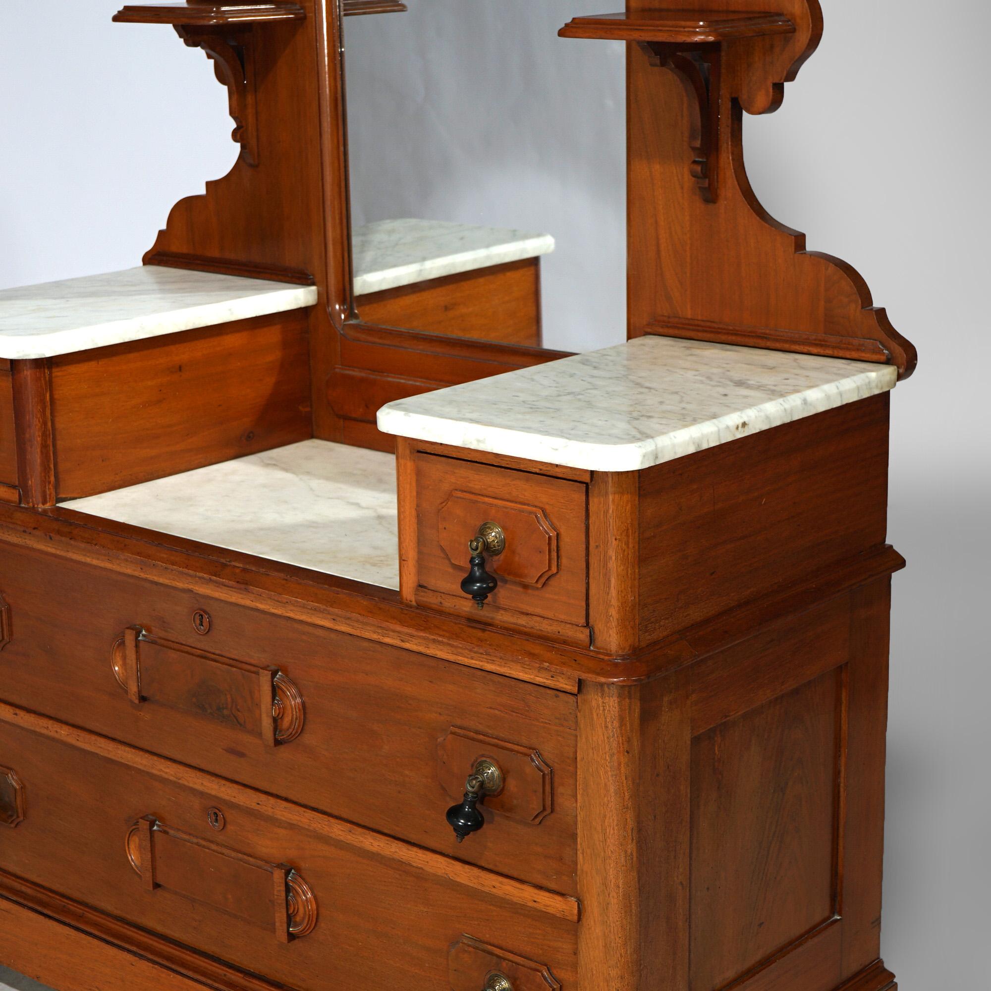 Antique Renaissance Revival Carved Walnut & Marble Drop Center Mirrored Dresser For Sale 6