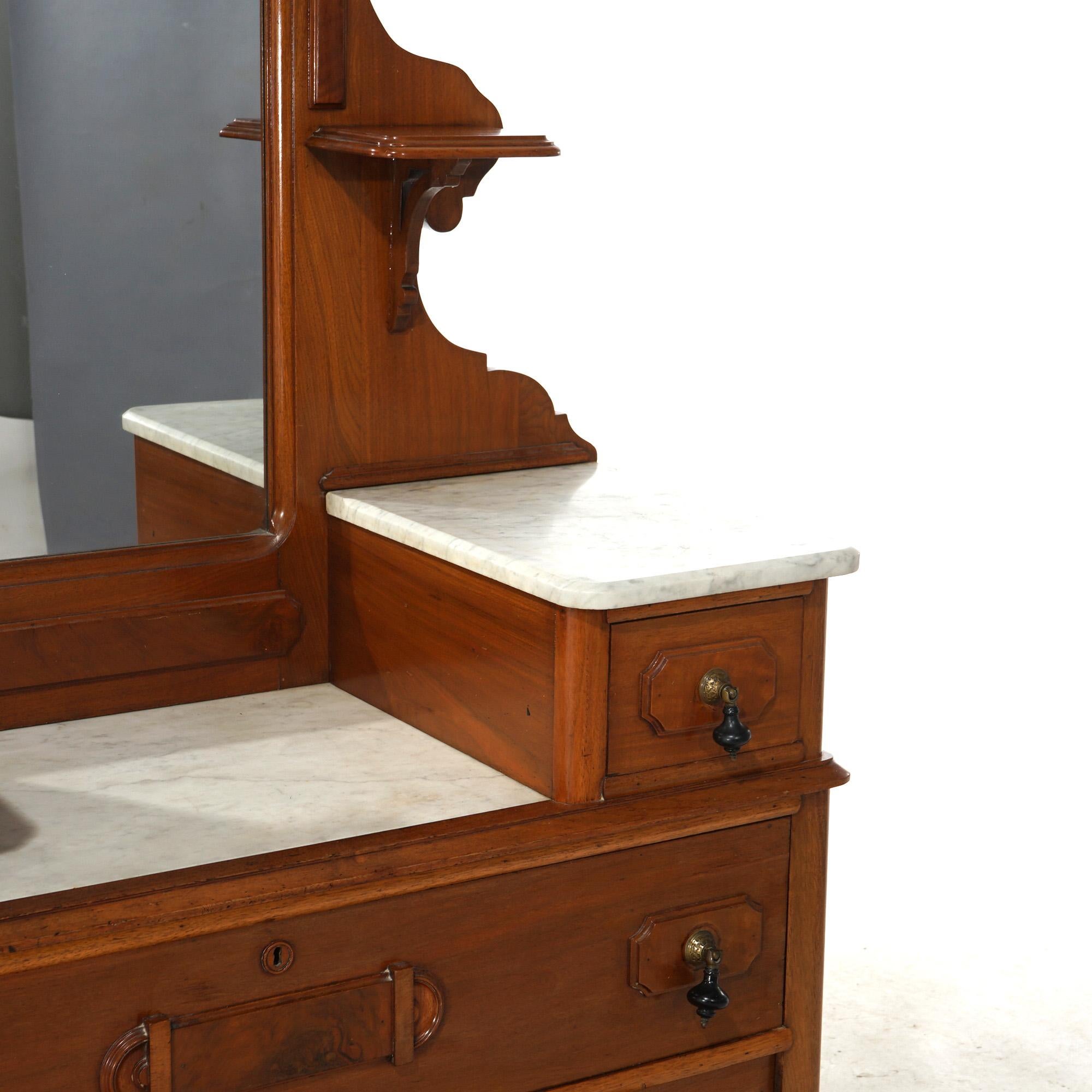 Antique Renaissance Revival Carved Walnut & Marble Drop Center Mirrored Dresser For Sale 7