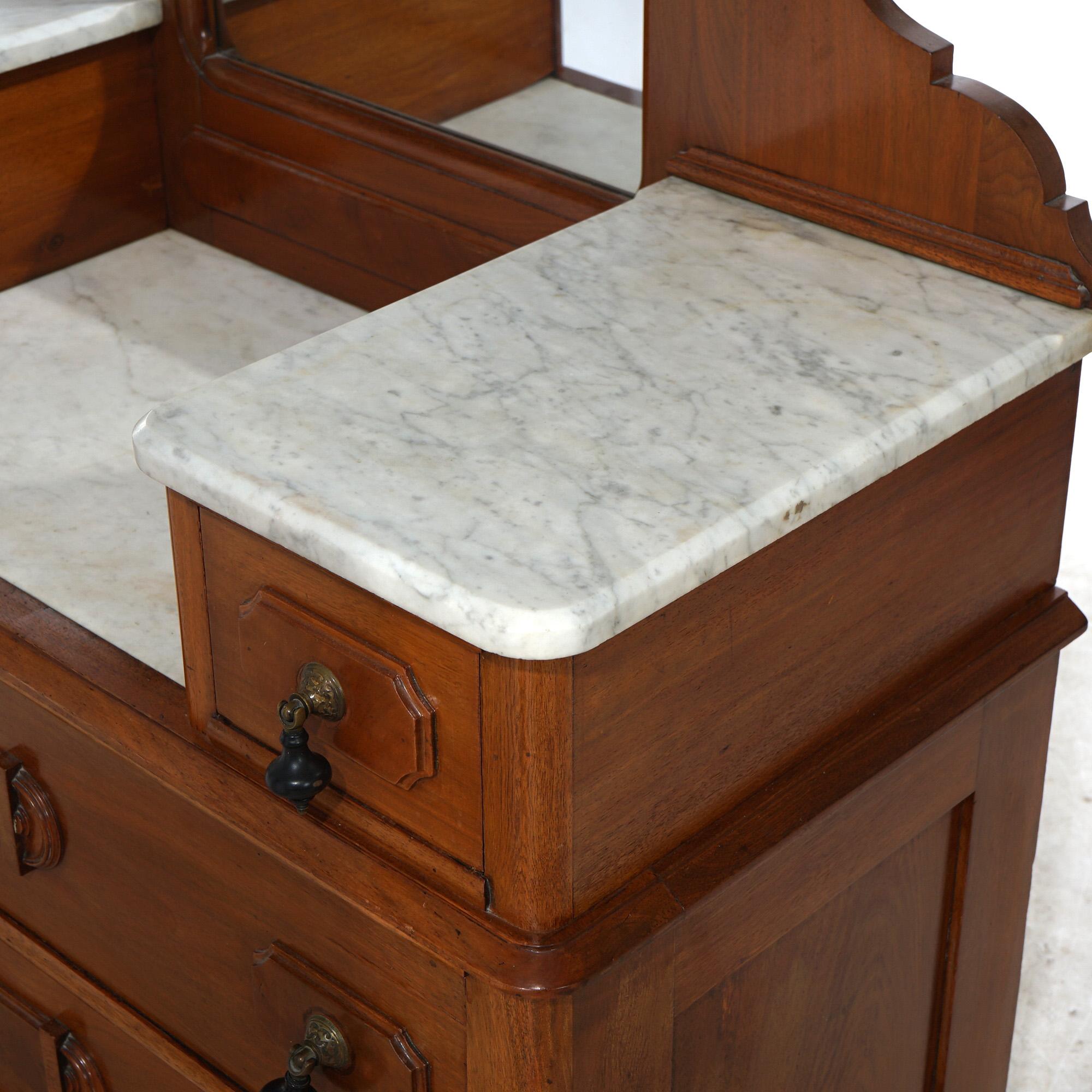 Antique Renaissance Revival Carved Walnut & Marble Drop Center Mirrored Dresser For Sale 8