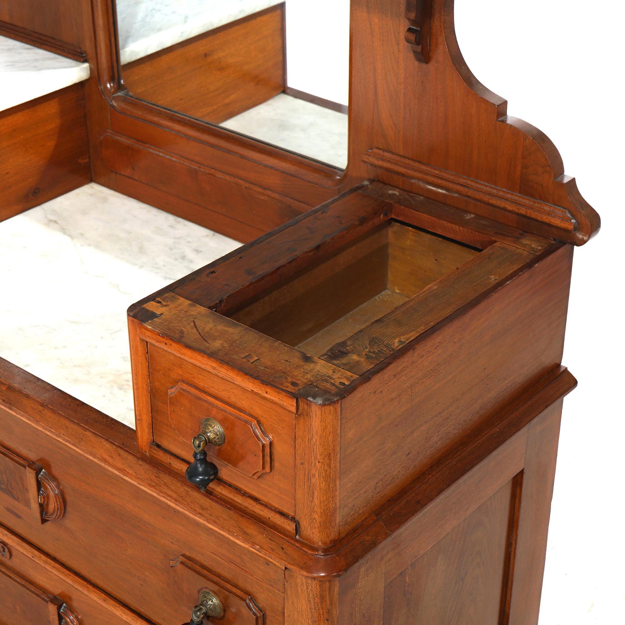 Antique Renaissance Revival Carved Walnut & Marble Drop Center Mirrored Dresser For Sale 9