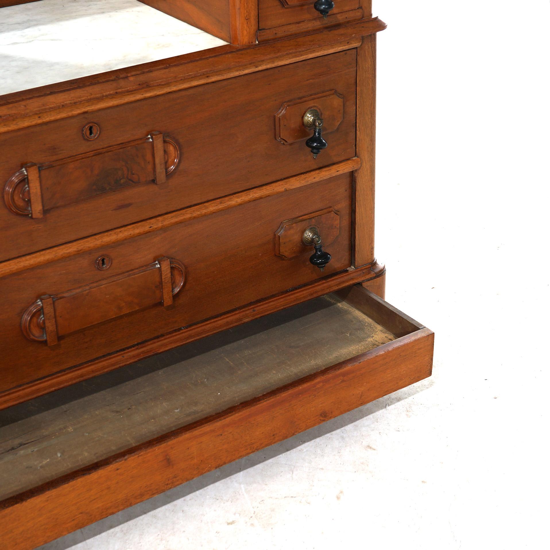 Antique Renaissance Revival Carved Walnut & Marble Drop Center Mirrored Dresser For Sale 10