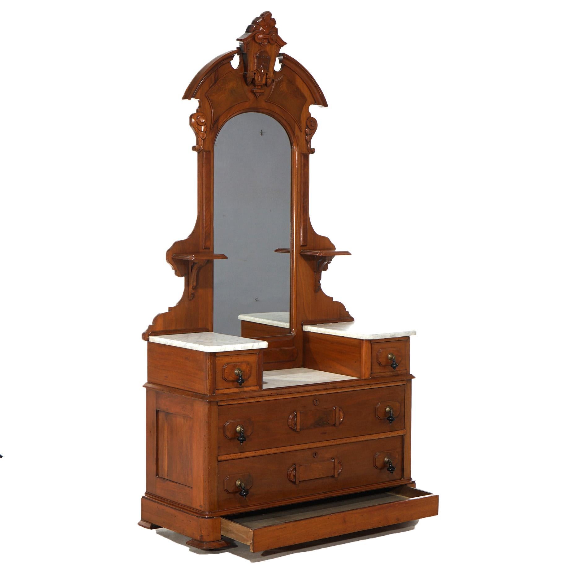 Antique Renaissance Revival Carved Walnut & Marble Drop Center Mirrored Dresser In Good Condition For Sale In Big Flats, NY