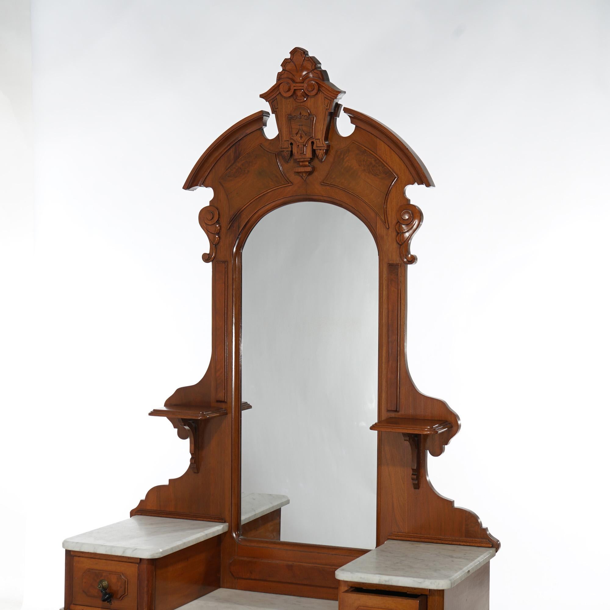 Antique Renaissance Revival Carved Walnut & Marble Drop Center Mirrored Dresser For Sale 1
