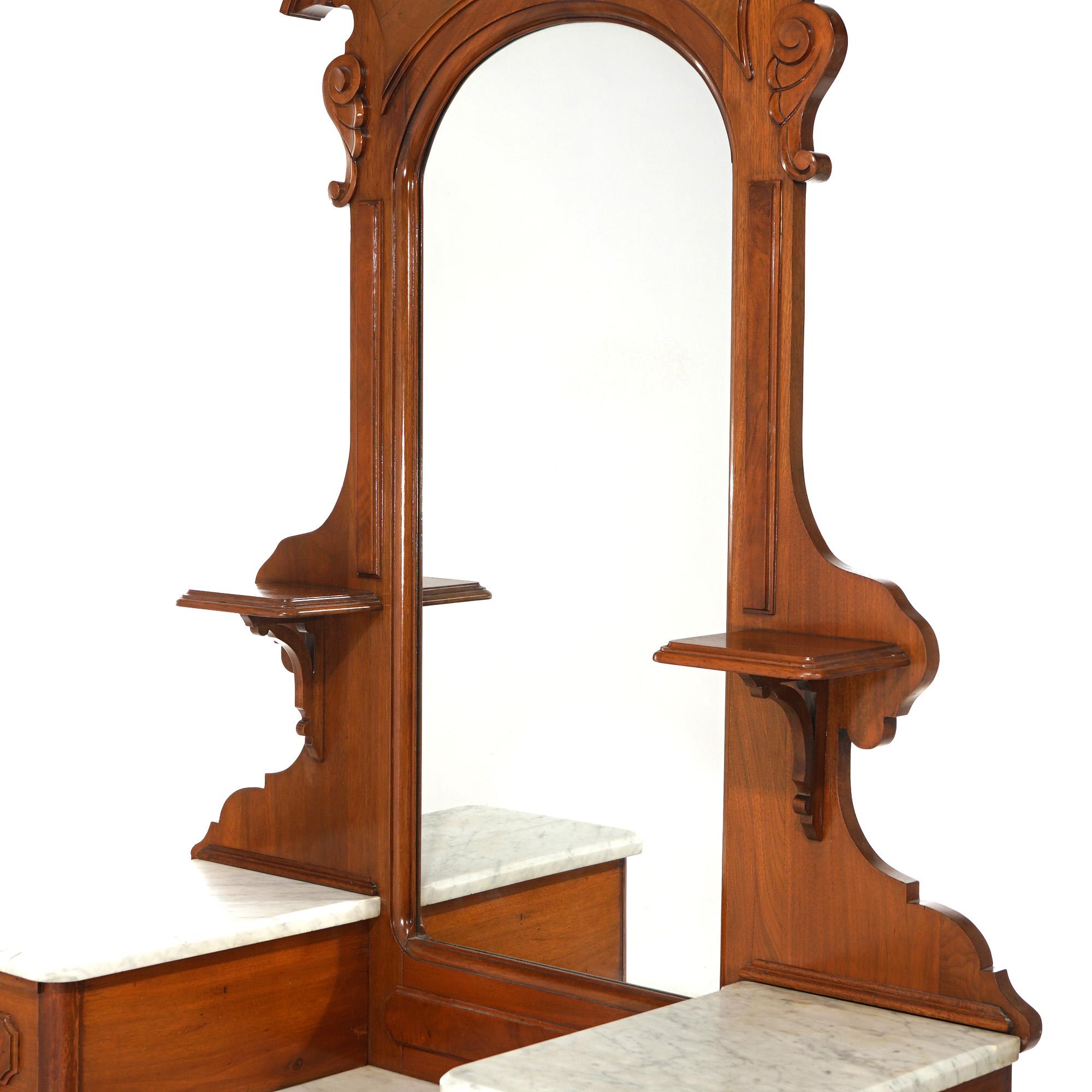 Antique Renaissance Revival Carved Walnut & Marble Drop Center Mirrored Dresser For Sale 3