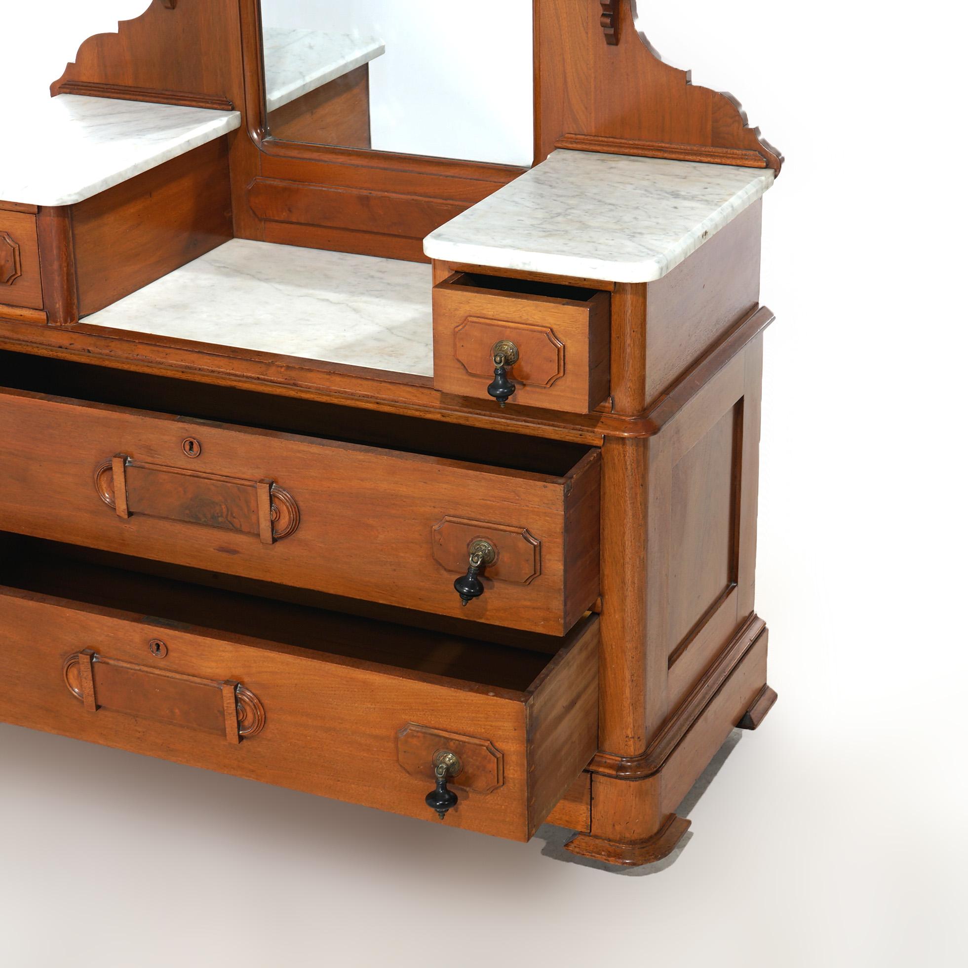 Antique Renaissance Revival Carved Walnut & Marble Drop Center Mirrored Dresser For Sale 5
