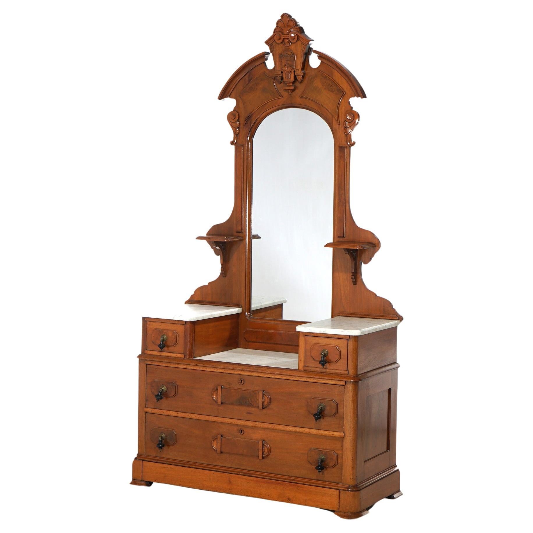 Antique Renaissance Revival Carved Walnut & Marble Drop Center Mirrored Dresser