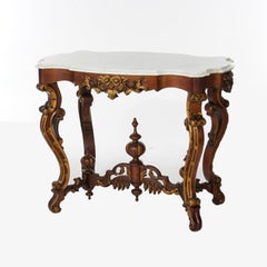 Antique Renaissance Revival Carved Walnut, Marble & Gilt Table, C1890