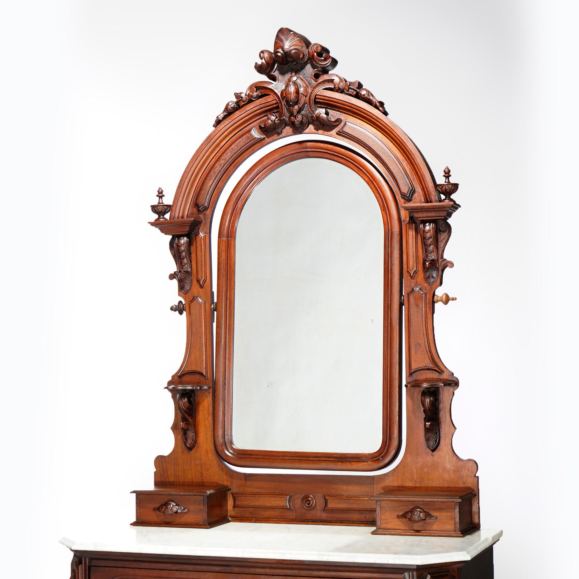 Victorian Antique Renaissance Revival Carved Walnut & Marble Mirrored Dresser, Phila, 1880