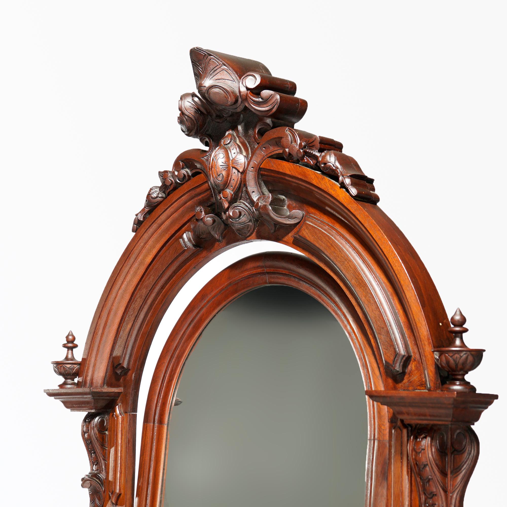 American Antique Renaissance Revival Carved Walnut & Marble Mirrored Dresser, Phila, 1880