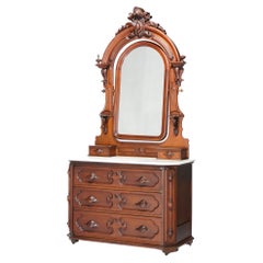 Used Renaissance Revival Carved Walnut & Marble Mirrored Dresser, Phila, 1880