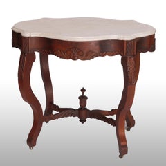 Antique Renaissance Revival Carved Walnut & Marble Turtle Top Parlor Table c1880